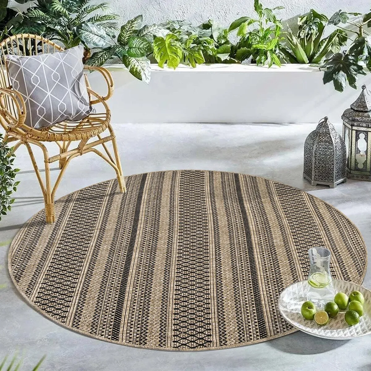 GAD - Classical Sisal-Inspired Indoor Outdoor Area Rug. Medallion. Bordered. Geometric Pattern. Fade and Stain Resistant