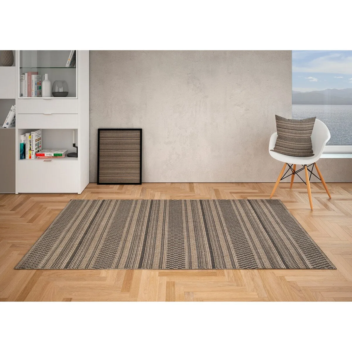 GAD - Classical Sisal-Inspired Indoor Outdoor Area Rug. Medallion. Bordered. Geometric Pattern. Fade and Stain Resistant
