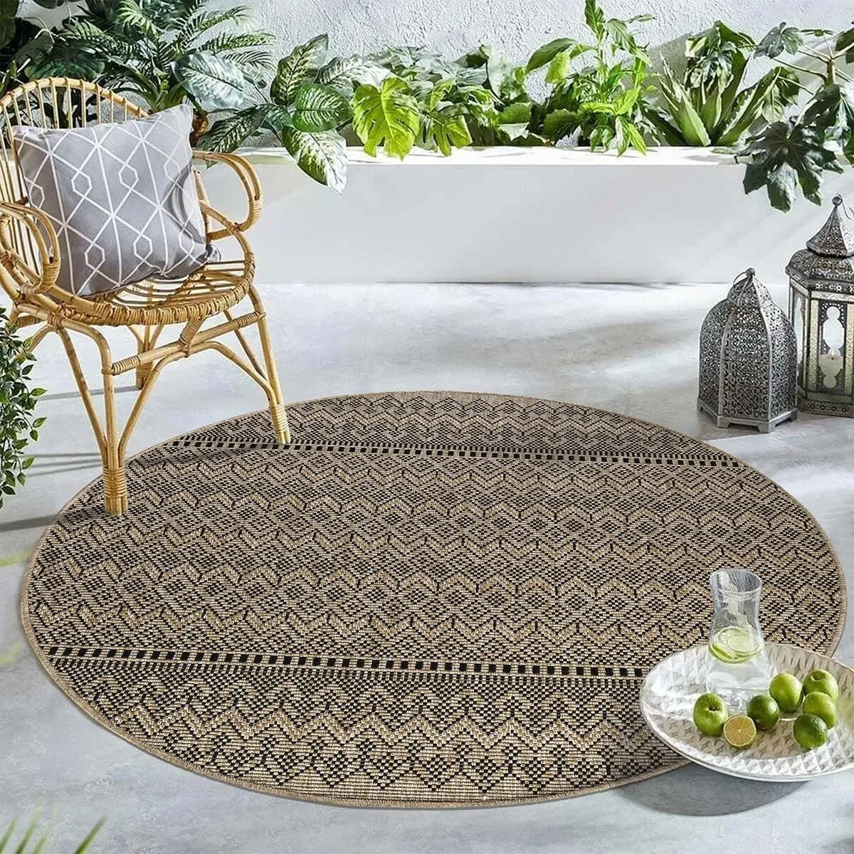 GAD - Classical Sisal-Inspired Indoor Outdoor Area Rug. Medallion. Bordered. Geometric Pattern. Fade and Stain Resistant