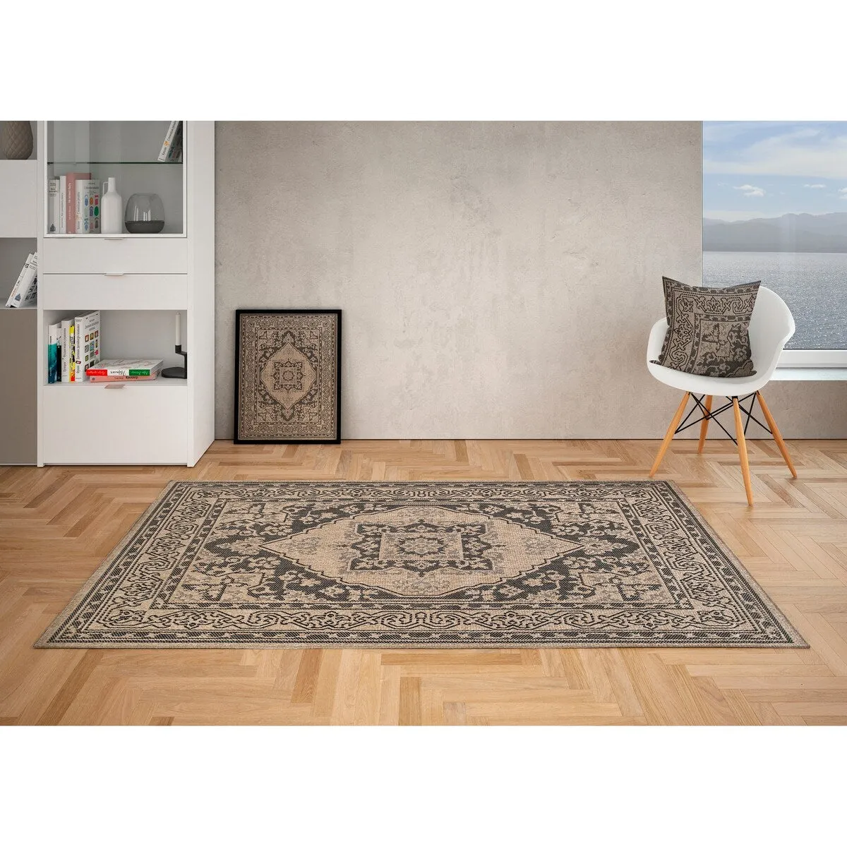 GAD - Classical Sisal-Inspired Indoor Outdoor Area Rug. Medallion. Bordered. Geometric Pattern. Fade and Stain Resistant