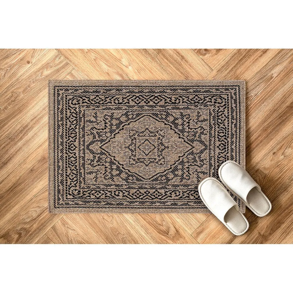 GAD - Classical Sisal-Inspired Indoor Outdoor Area Rug. Medallion. Bordered. Geometric Pattern. Fade and Stain Resistant