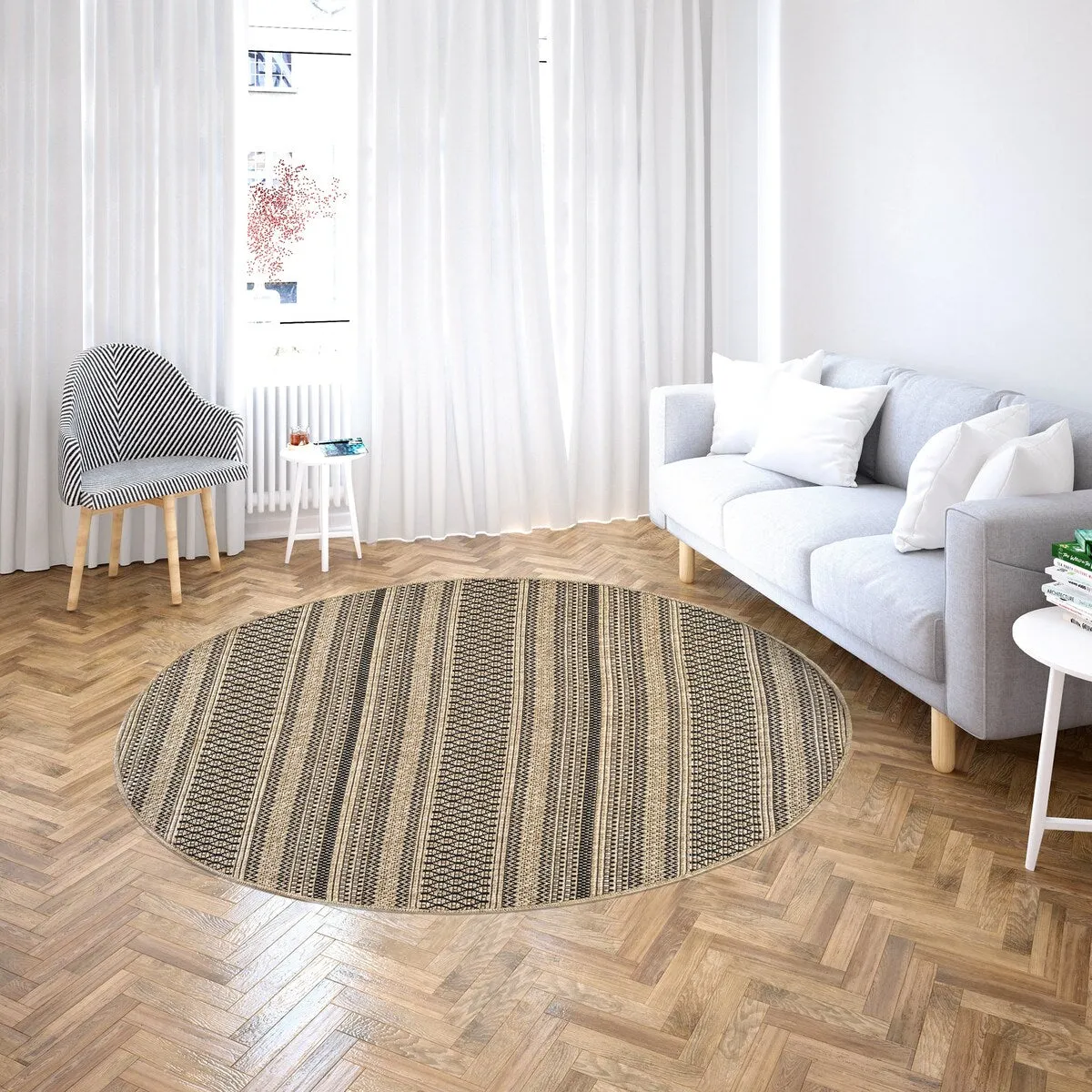 GAD - Classical Sisal-Inspired Indoor Outdoor Area Rug. Medallion. Bordered. Geometric Pattern. Fade and Stain Resistant