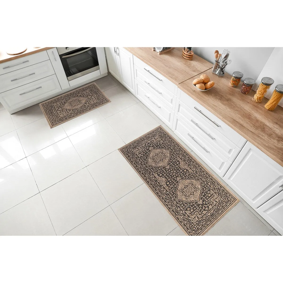 GAD - Classical Sisal-Inspired Indoor Outdoor Area Rug. Medallion. Bordered. Geometric Pattern. Fade and Stain Resistant