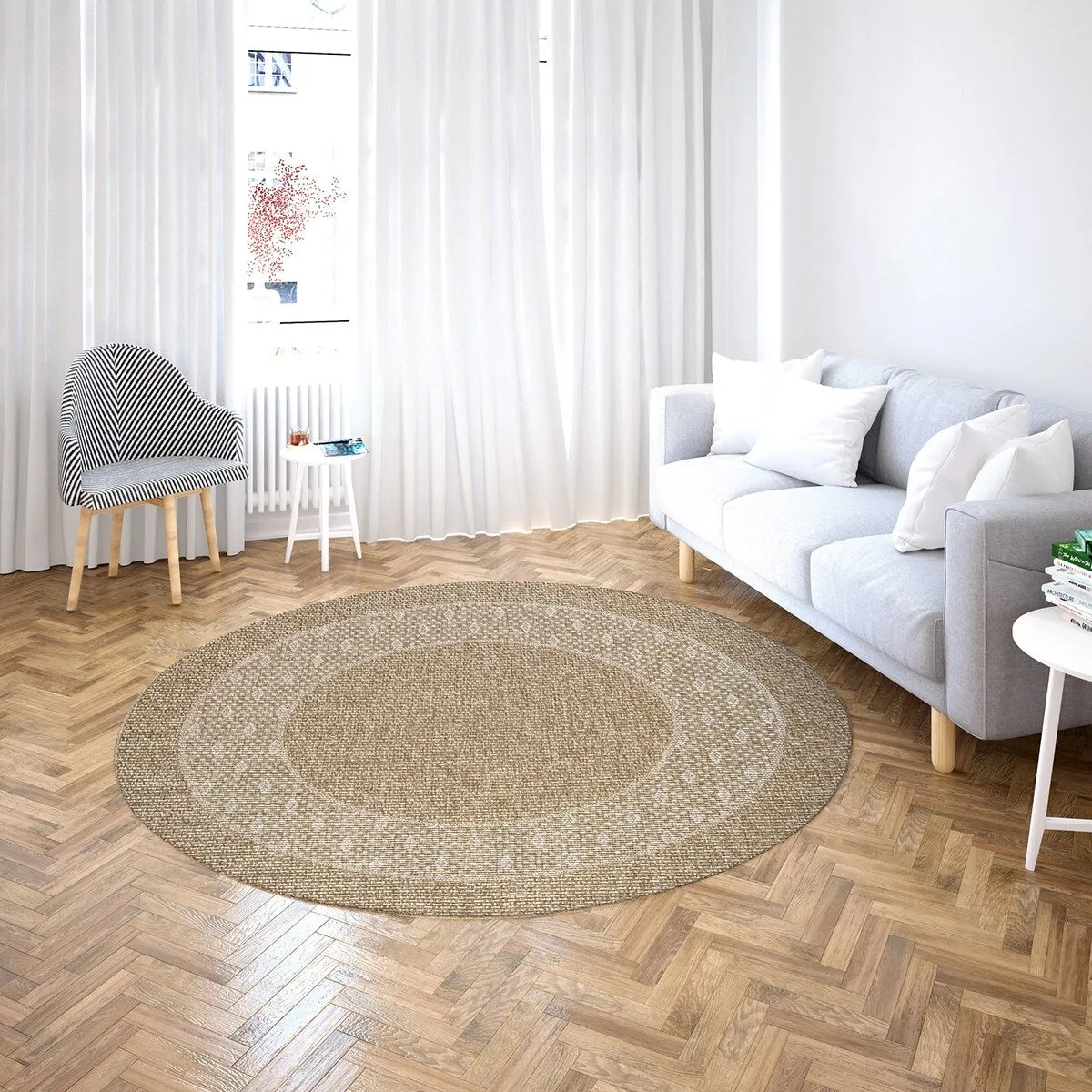 GAD - Classical Sisal-Inspired Indoor Outdoor Area Rug. Medallion. Bordered. Geometric Pattern. Fade and Stain Resistant