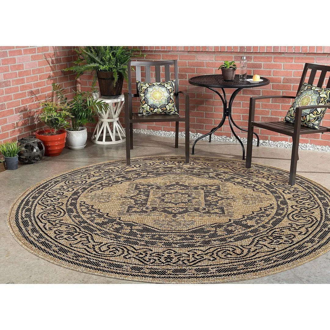 GAD - Classical Sisal-Inspired Indoor Outdoor Area Rug. Medallion. Bordered. Geometric Pattern. Fade and Stain Resistant