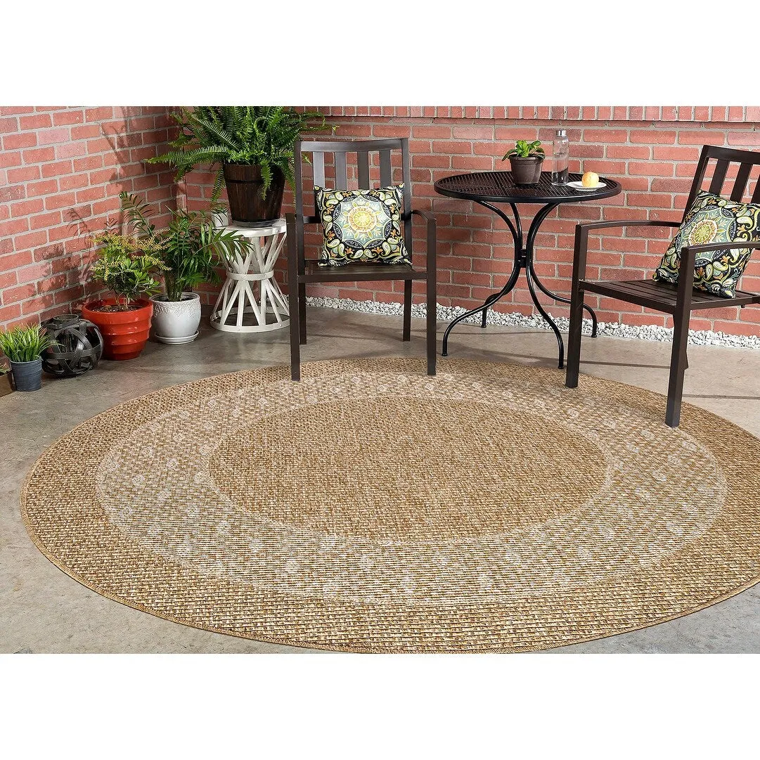 GAD - Classical Sisal-Inspired Indoor Outdoor Area Rug. Medallion. Bordered. Geometric Pattern. Fade and Stain Resistant