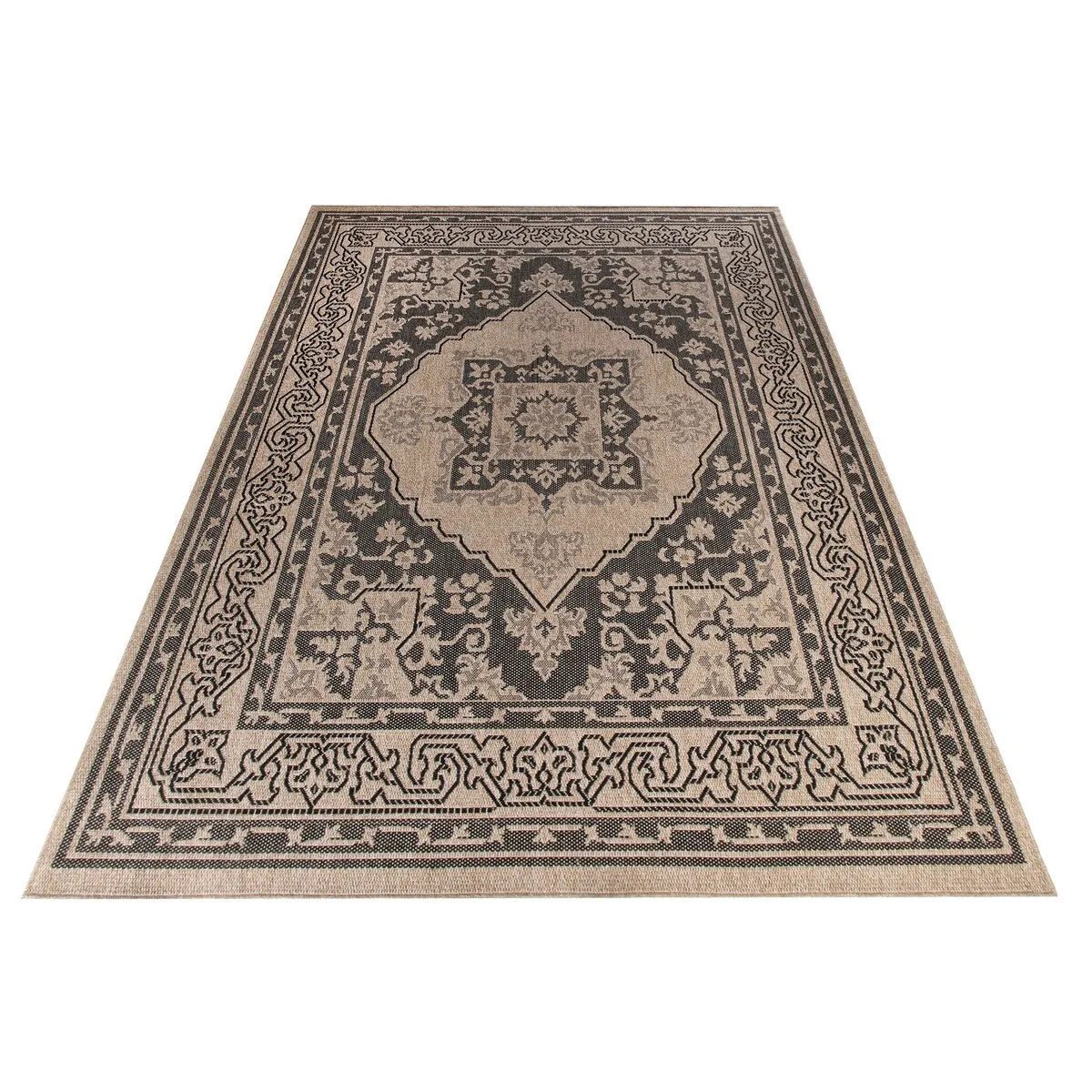 GAD - Classical Sisal-Inspired Indoor Outdoor Area Rug. Medallion. Bordered. Geometric Pattern. Fade and Stain Resistant