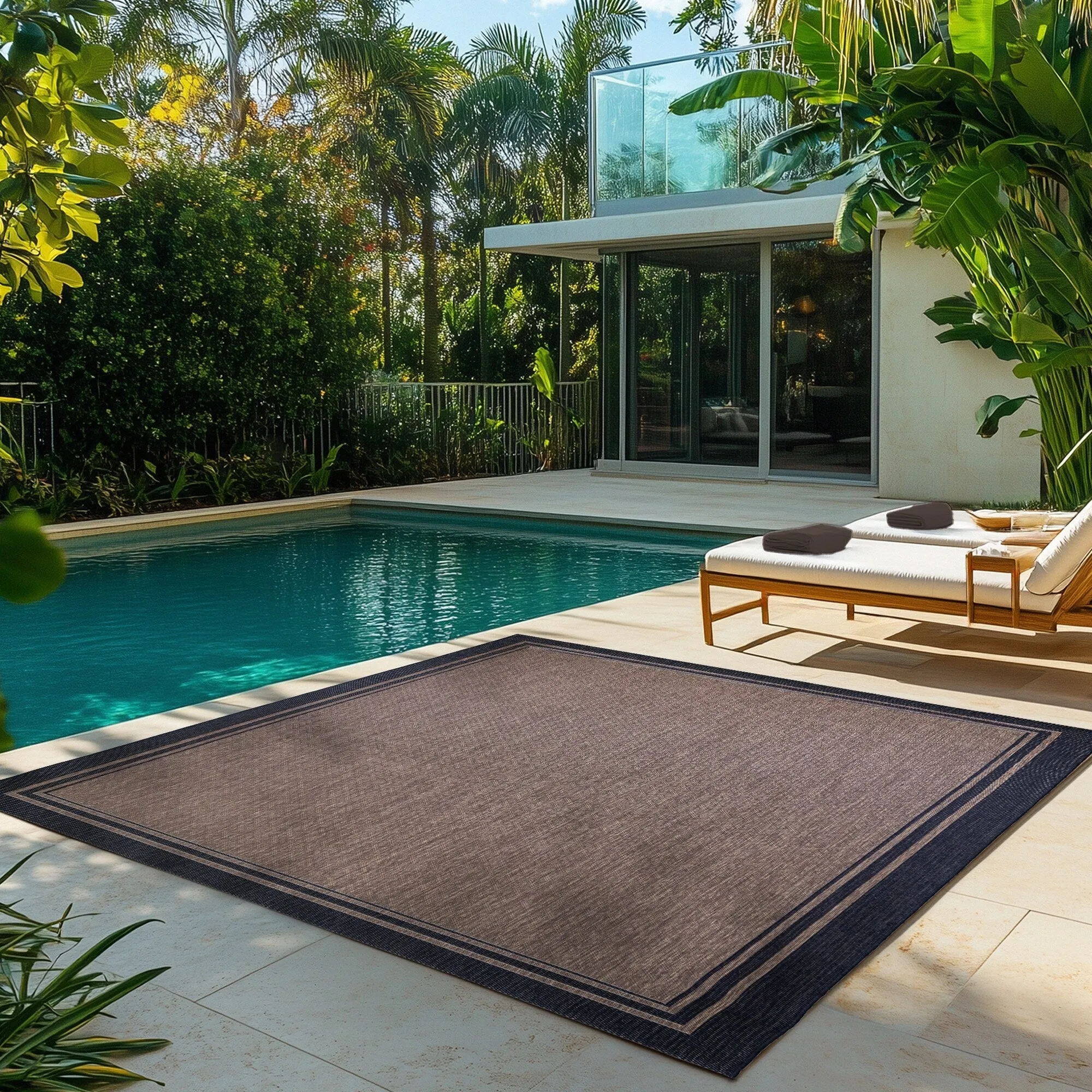 Gertmenian Paseo Soroa Havana/Black Classic Border Flatweave Indoor/ Outdoor Area Rug. 6x9 - 6'6x9'6