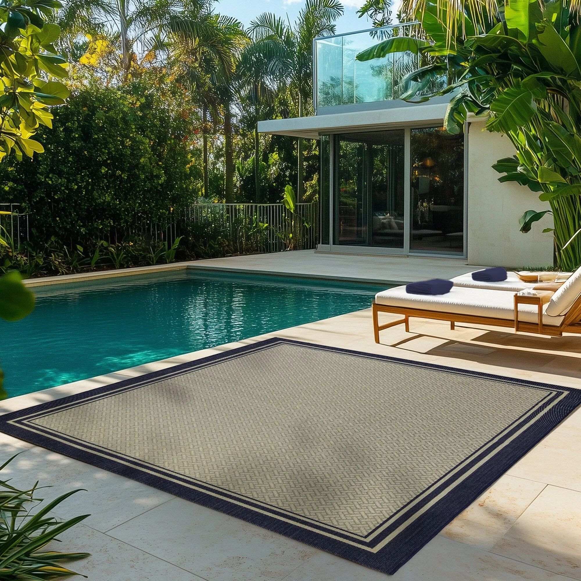 Gertmenian Paseo Soroa Navy Blue Classic Border Flatweave Indoor/ Outdoor Area Rug