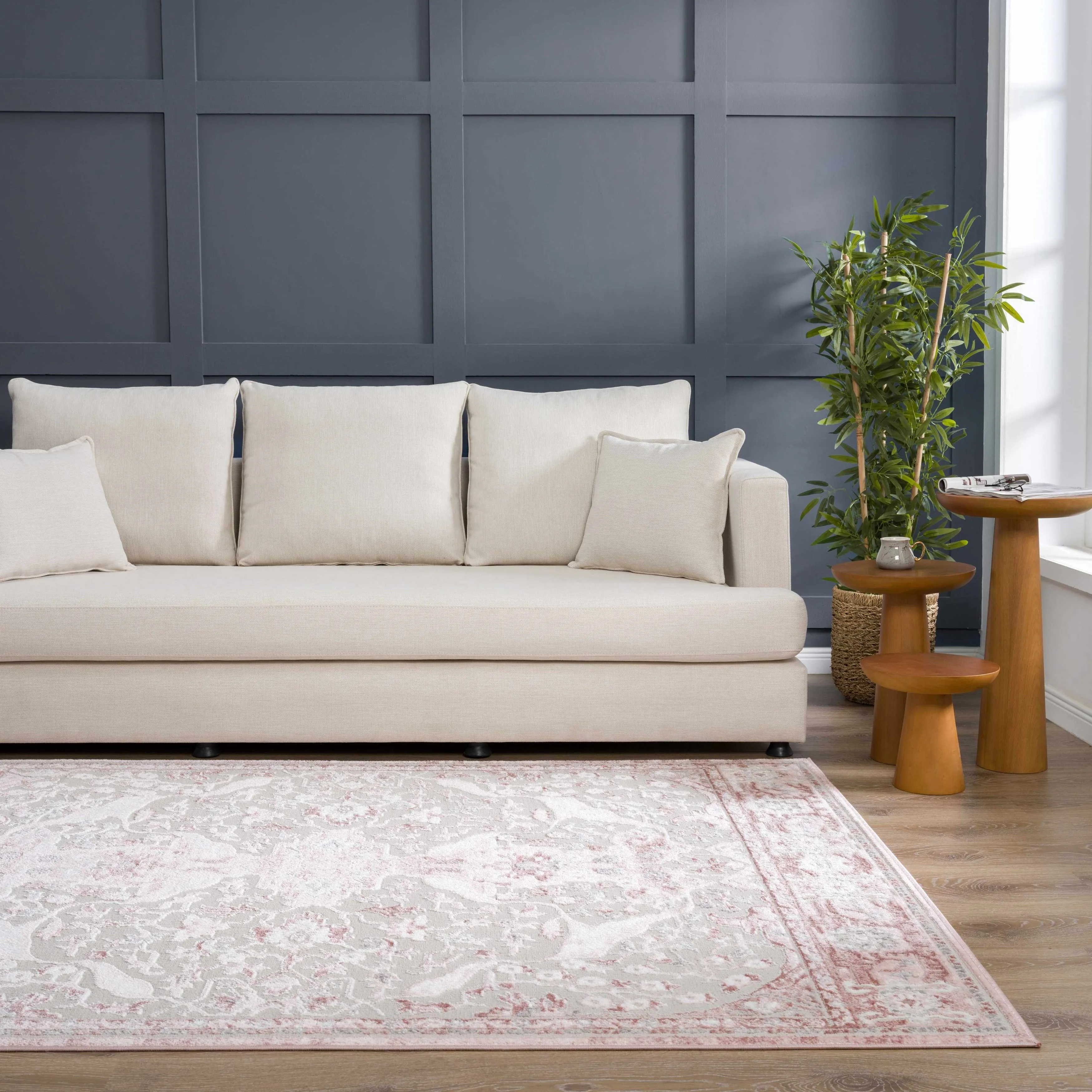 Hauteloom Calum Living Room. Bedroom Area Rug - Farmhouse - High Pile - Pink.Gray - 7'9 x 9'6