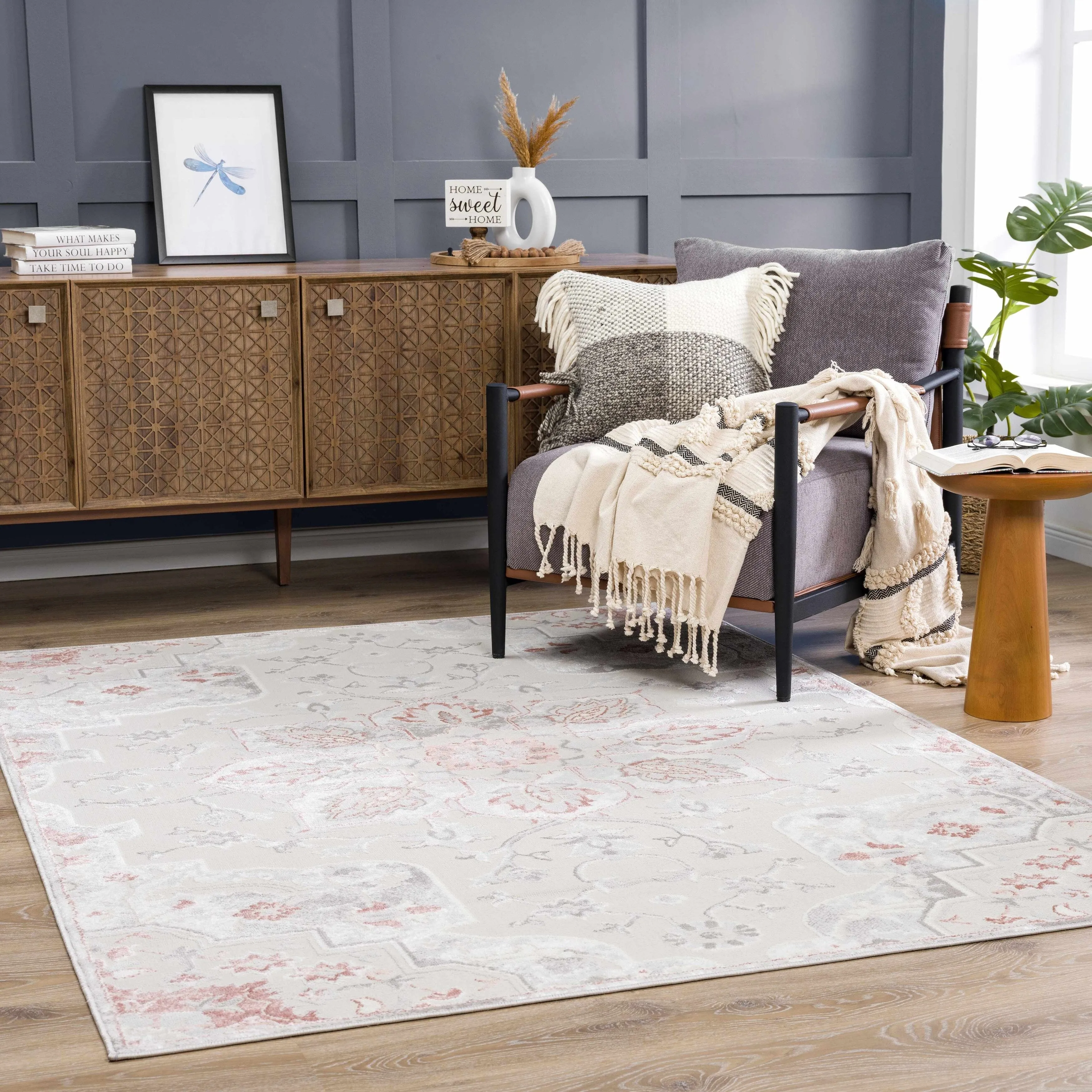 Hauteloom Calum Living Room. Bedroom Area Rug - Farmhouse - High Pile - Pink.Gray - 7'9 x 9'6