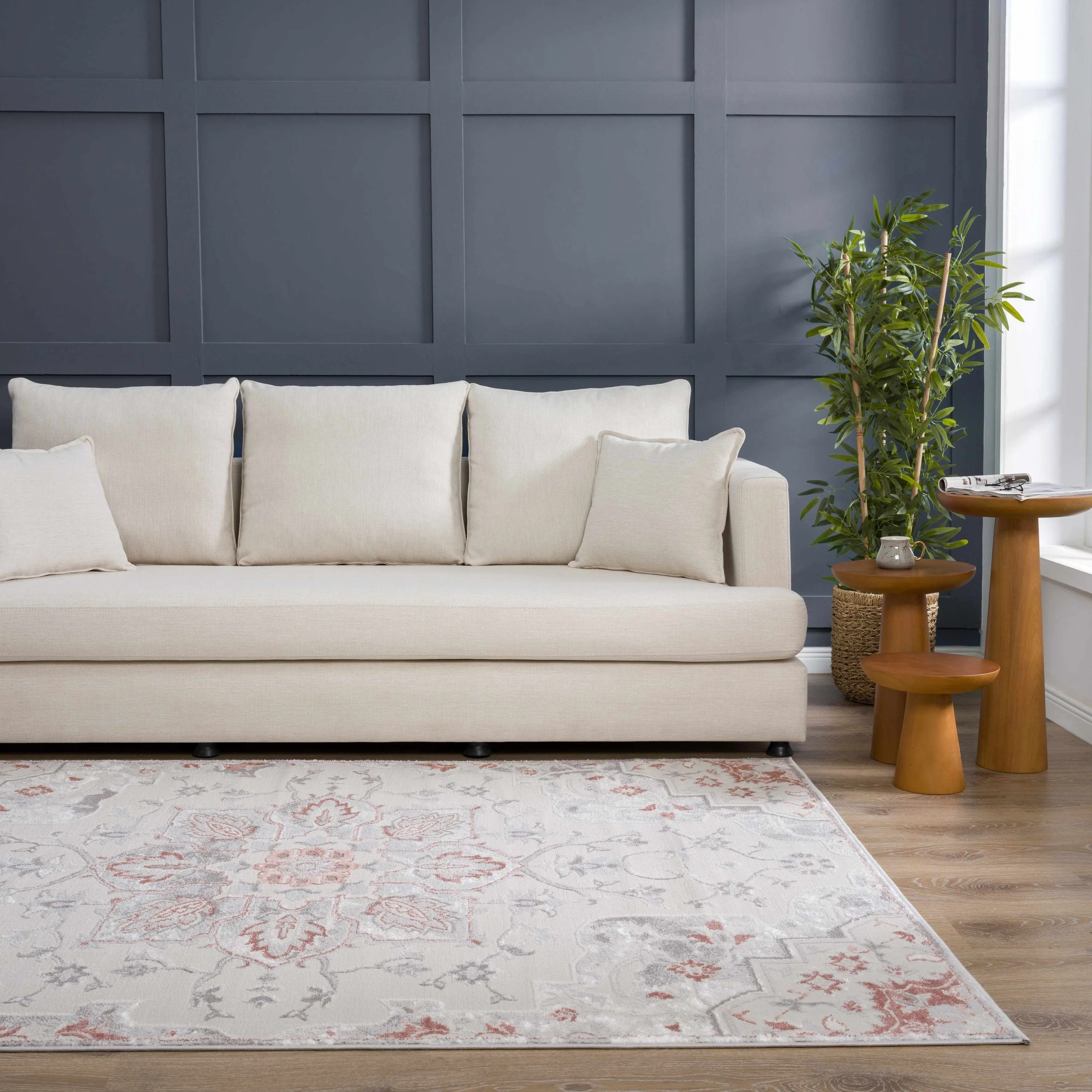 Hauteloom Calum Living Room. Bedroom Area Rug - Farmhouse - High Pile - Pink.Gray - 7'9 x 9'6