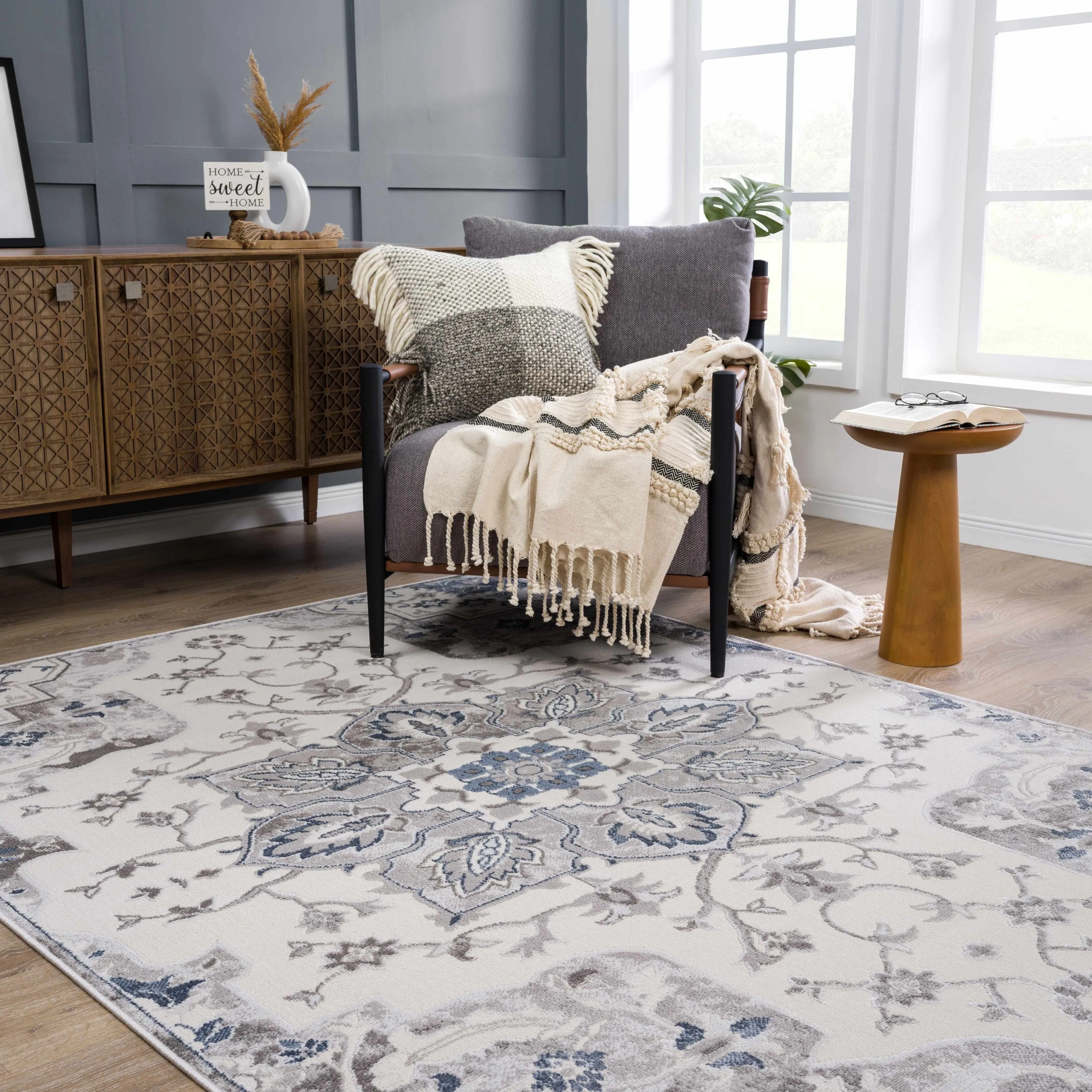 Hauteloom Calum Living Room. Bedroom Area Rug - Farmhouse - High Pile - Pink.Gray - 7'9 x 9'6