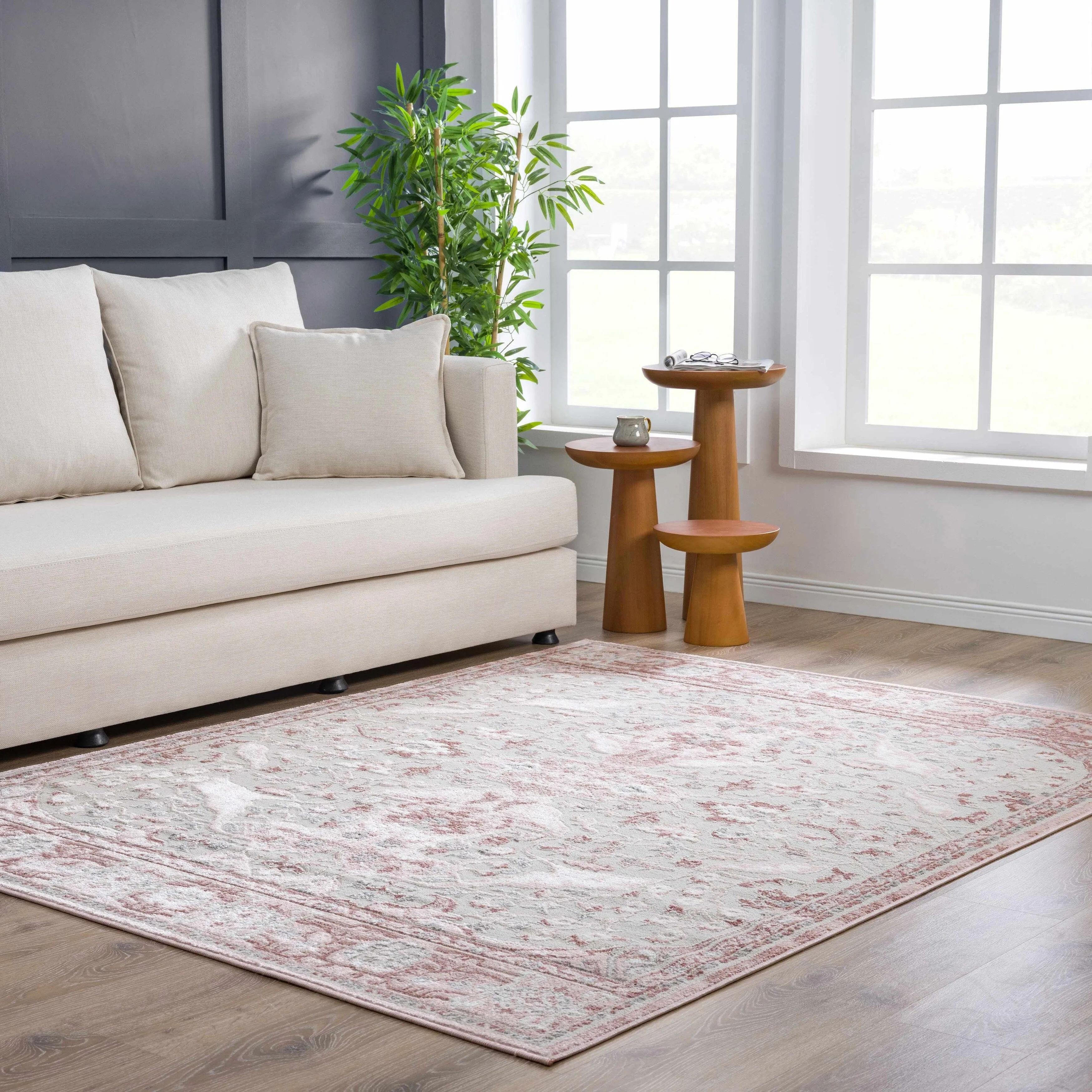 Hauteloom Calum Living Room. Bedroom Area Rug - Farmhouse - High Pile - Pink.Gray - 7'9 x 9'6