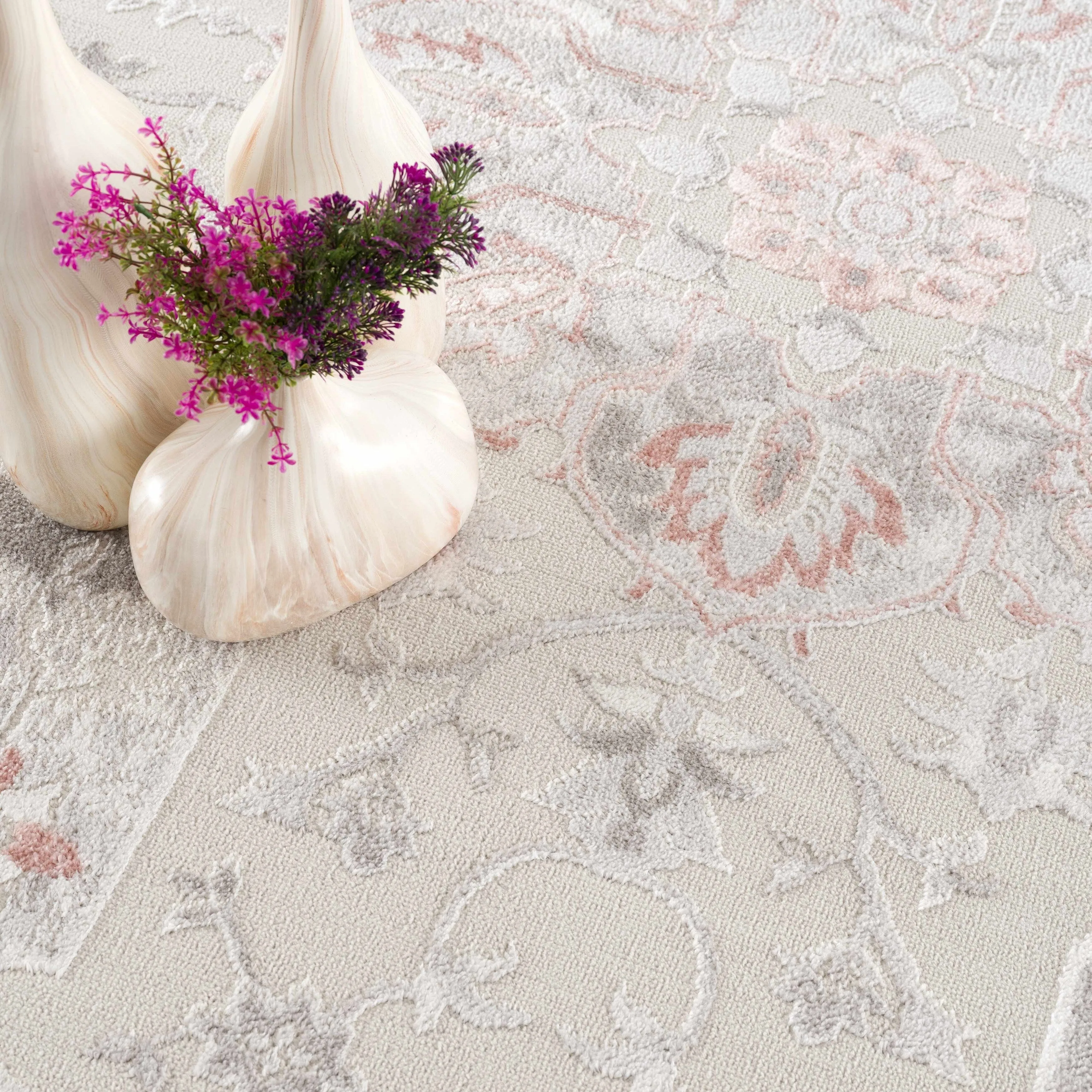 Hauteloom Calum Living Room. Bedroom Area Rug - Farmhouse - High Pile - Pink.Gray - 7'9 x 9'6