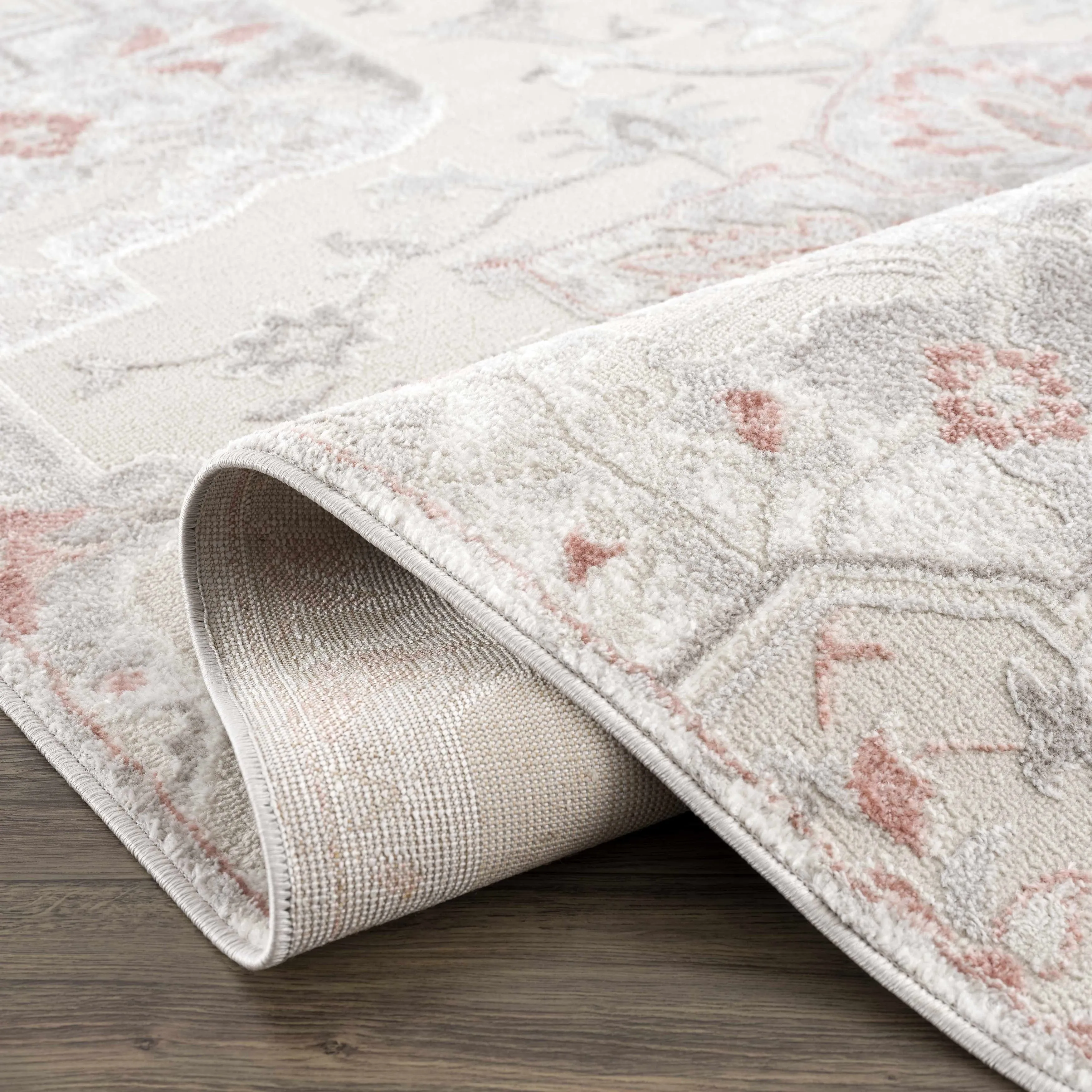 Hauteloom Calum Living Room. Bedroom Area Rug - Farmhouse - High Pile - Pink.Gray - 7'9 x 9'6
