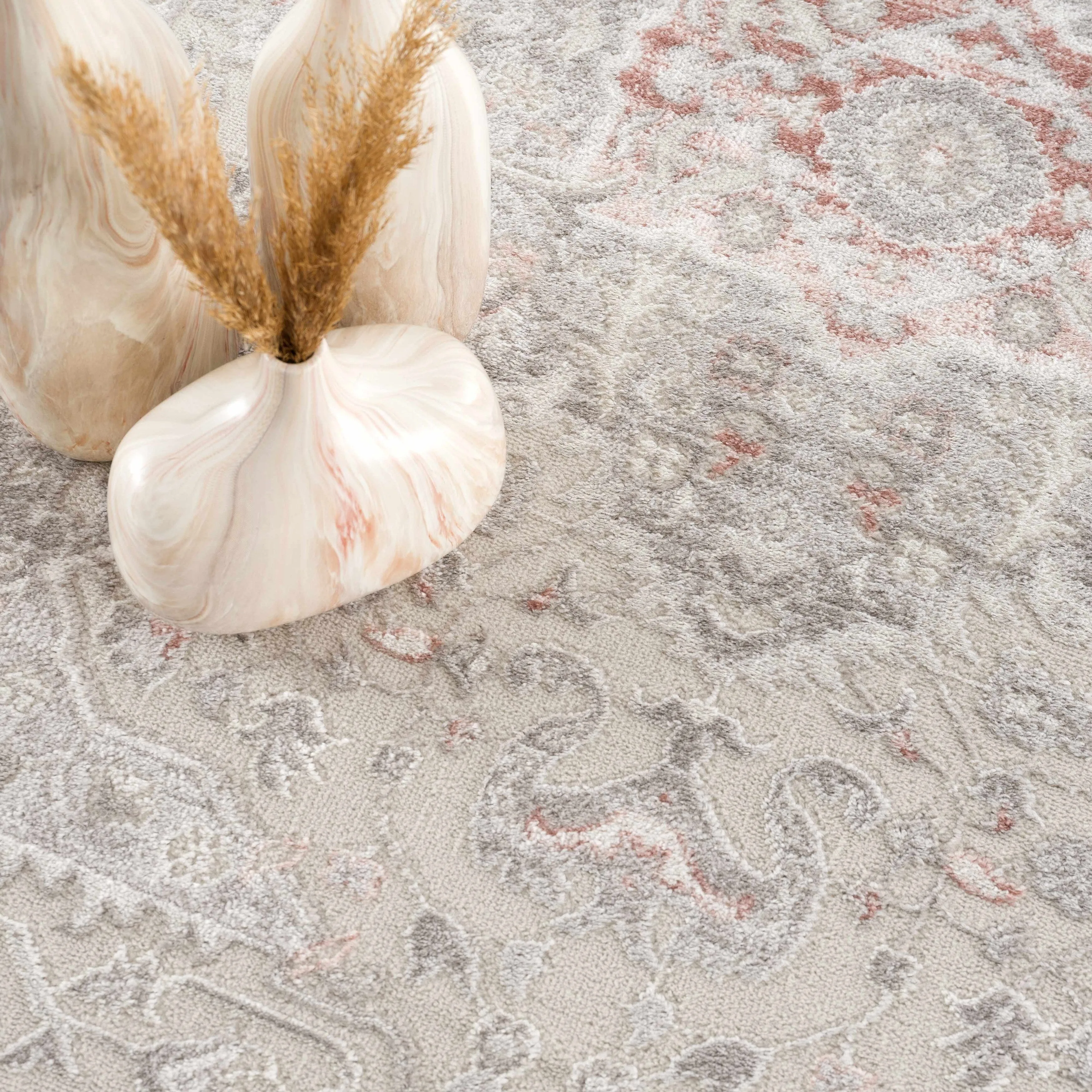 Hauteloom Calum Living Room. Bedroom Area Rug - Farmhouse - High Pile - Pink.Gray - 7'9 x 9'6