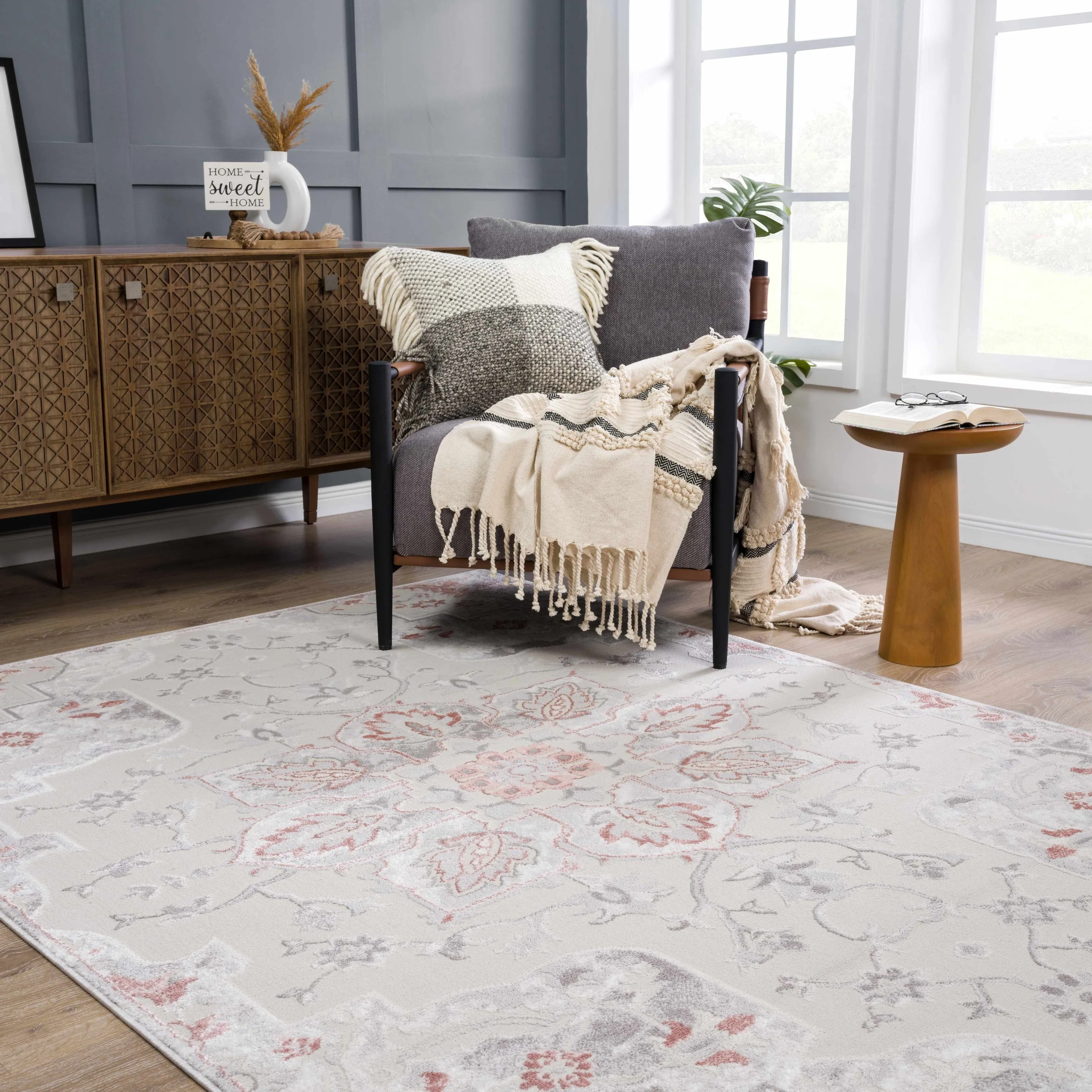 Hauteloom Calum Living Room. Bedroom Area Rug - Farmhouse - High Pile - Pink.Gray - 7'9 x 9'6