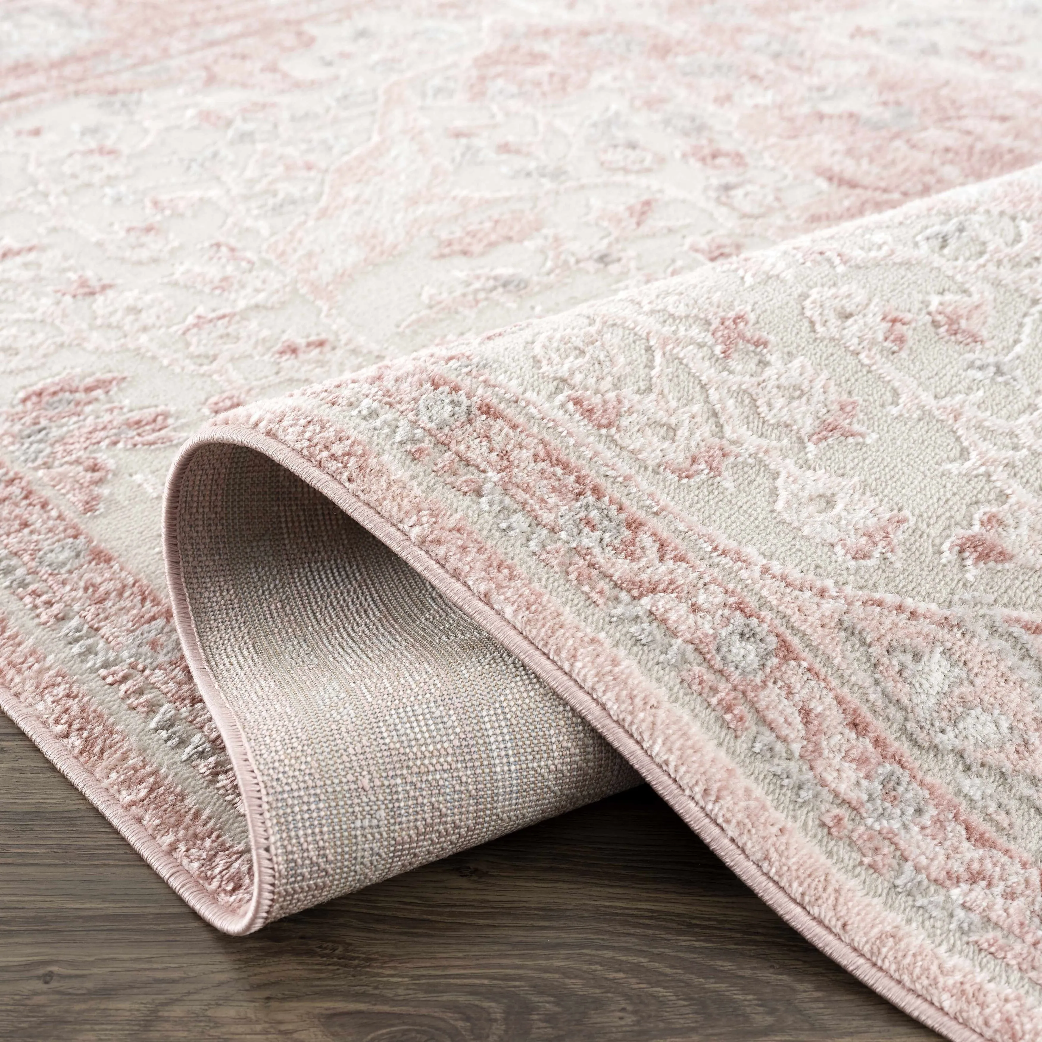 Hauteloom Calum Living Room. Bedroom Area Rug - Farmhouse - High Pile - Pink.Gray - 7'9 x 9'6