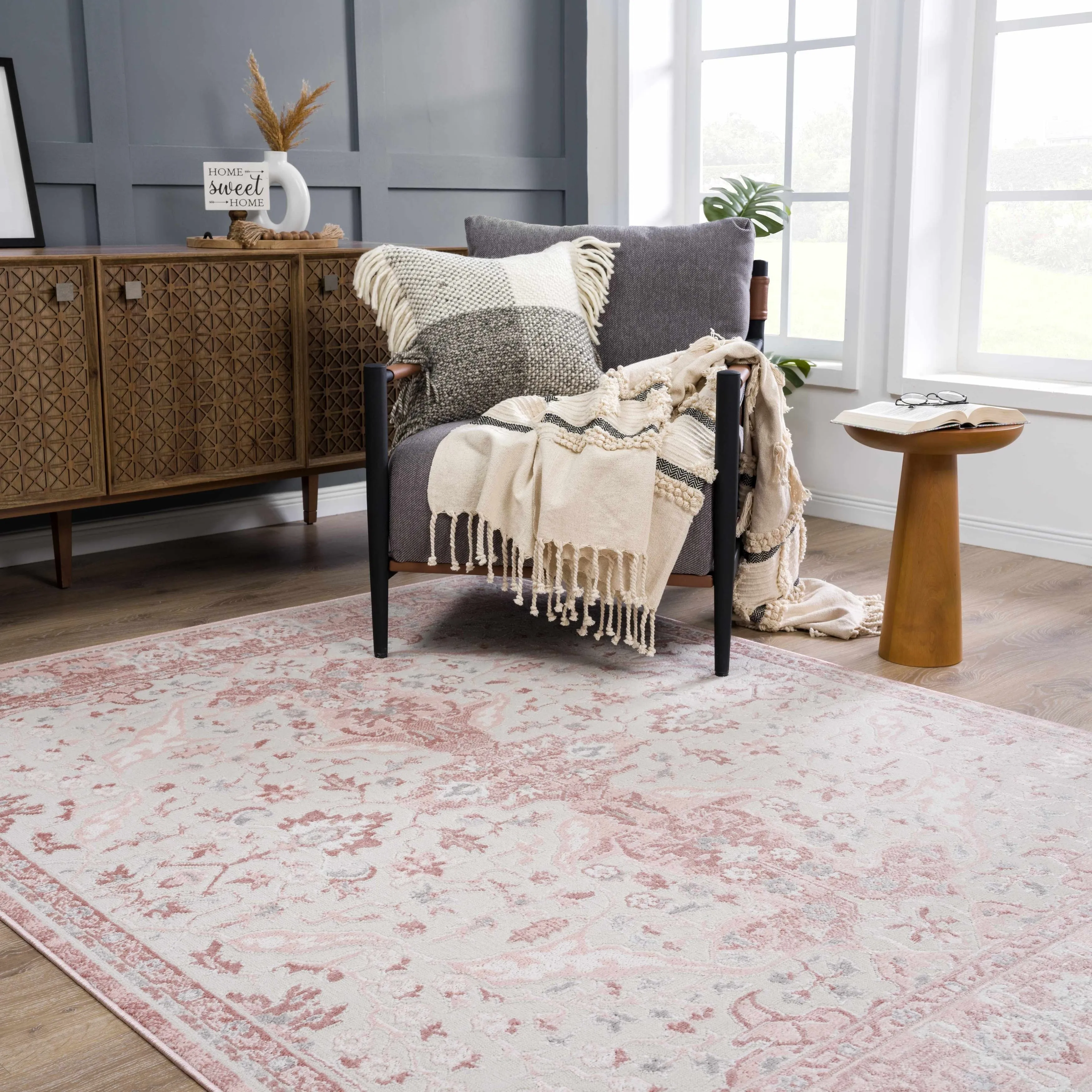 Hauteloom Calum Living Room. Bedroom Area Rug - Farmhouse - High Pile - Pink.Gray - 7'9 x 9'6