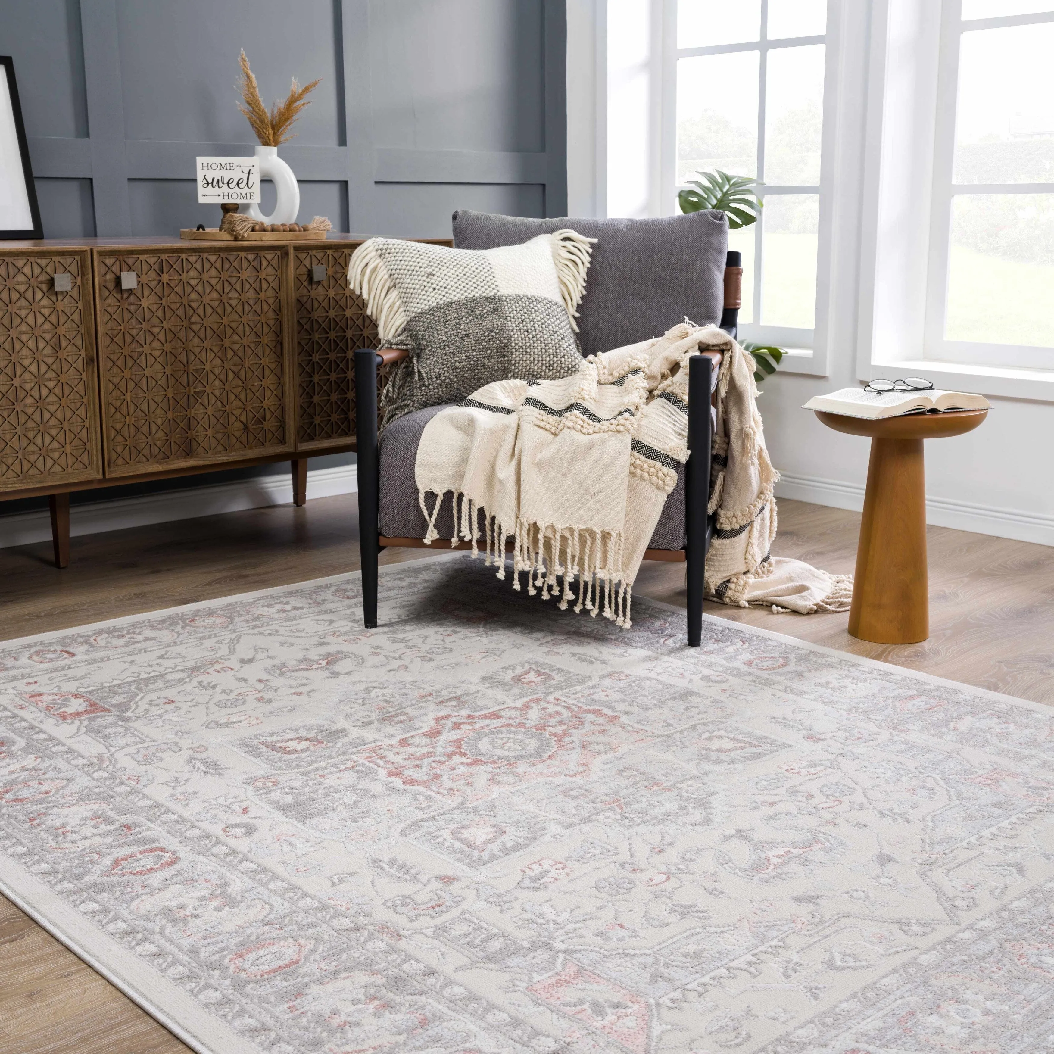Hauteloom Calum Living Room. Bedroom Area Rug - Farmhouse - High Pile - Pink.Gray - 7'9 x 9'6
