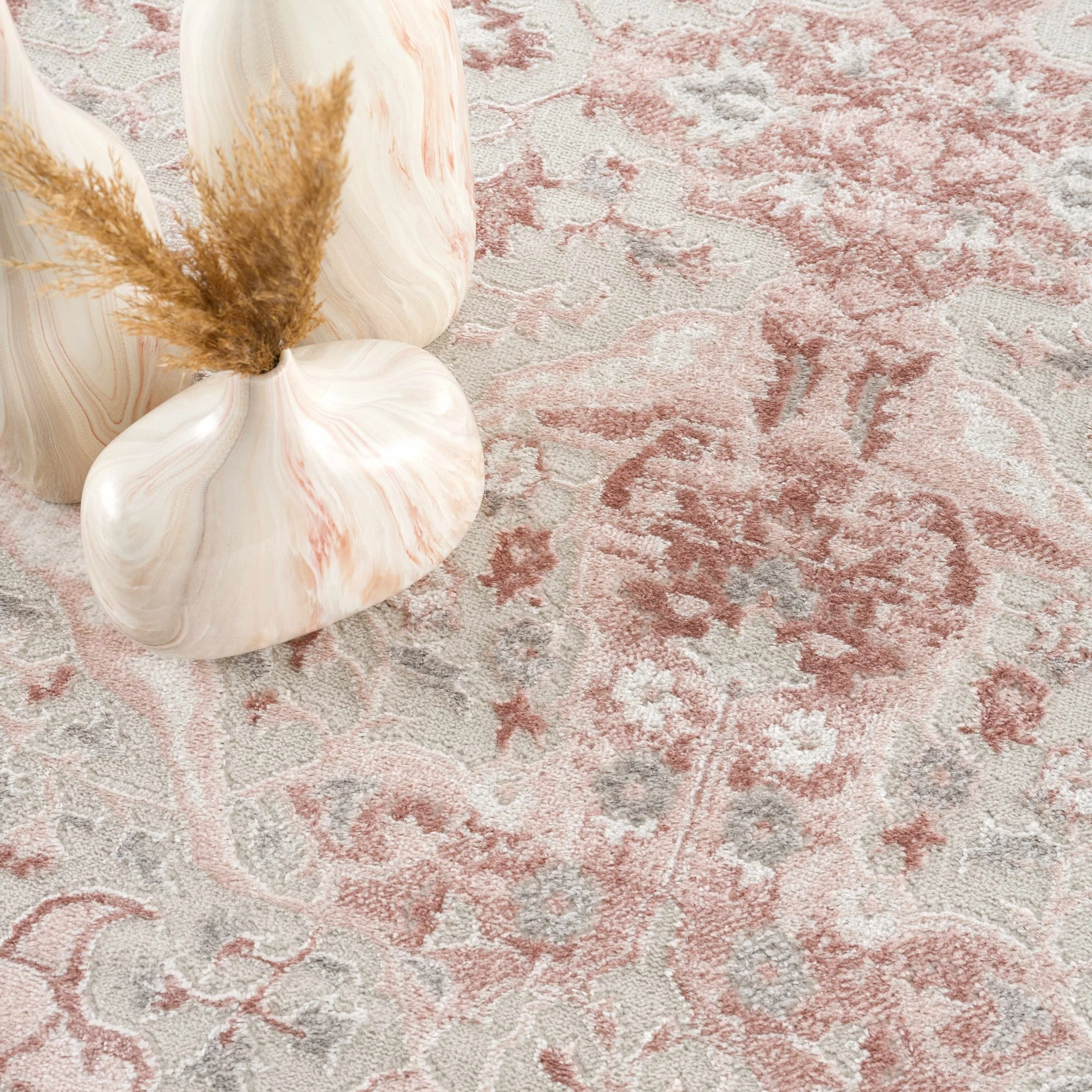 Hauteloom Calum Living Room. Bedroom Area Rug - Farmhouse - High Pile - Pink.Gray - 7'9 x 9'6