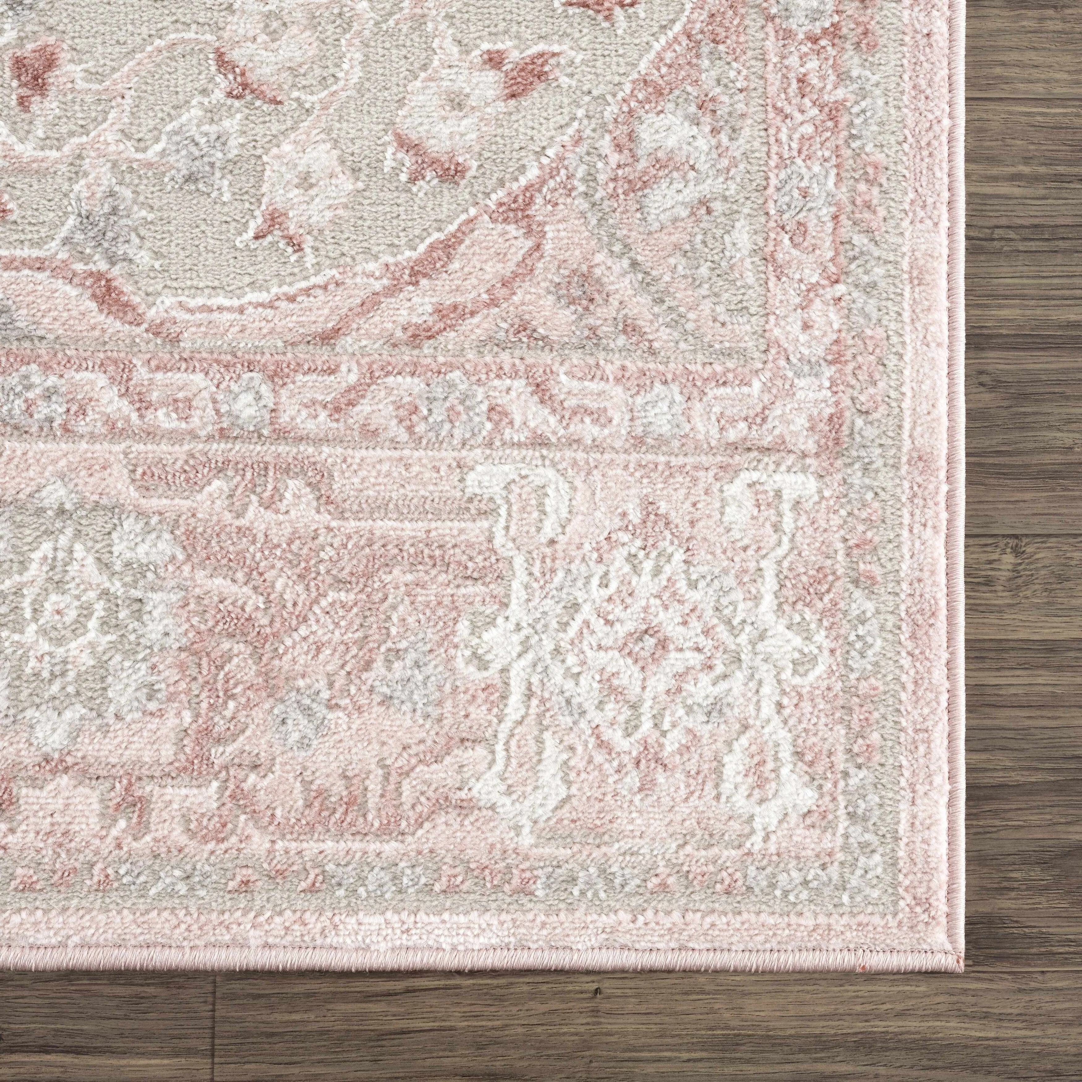 Hauteloom Calum Living Room. Bedroom Area Rug - Farmhouse - High Pile - Pink.Gray - 7'9 x 9'6