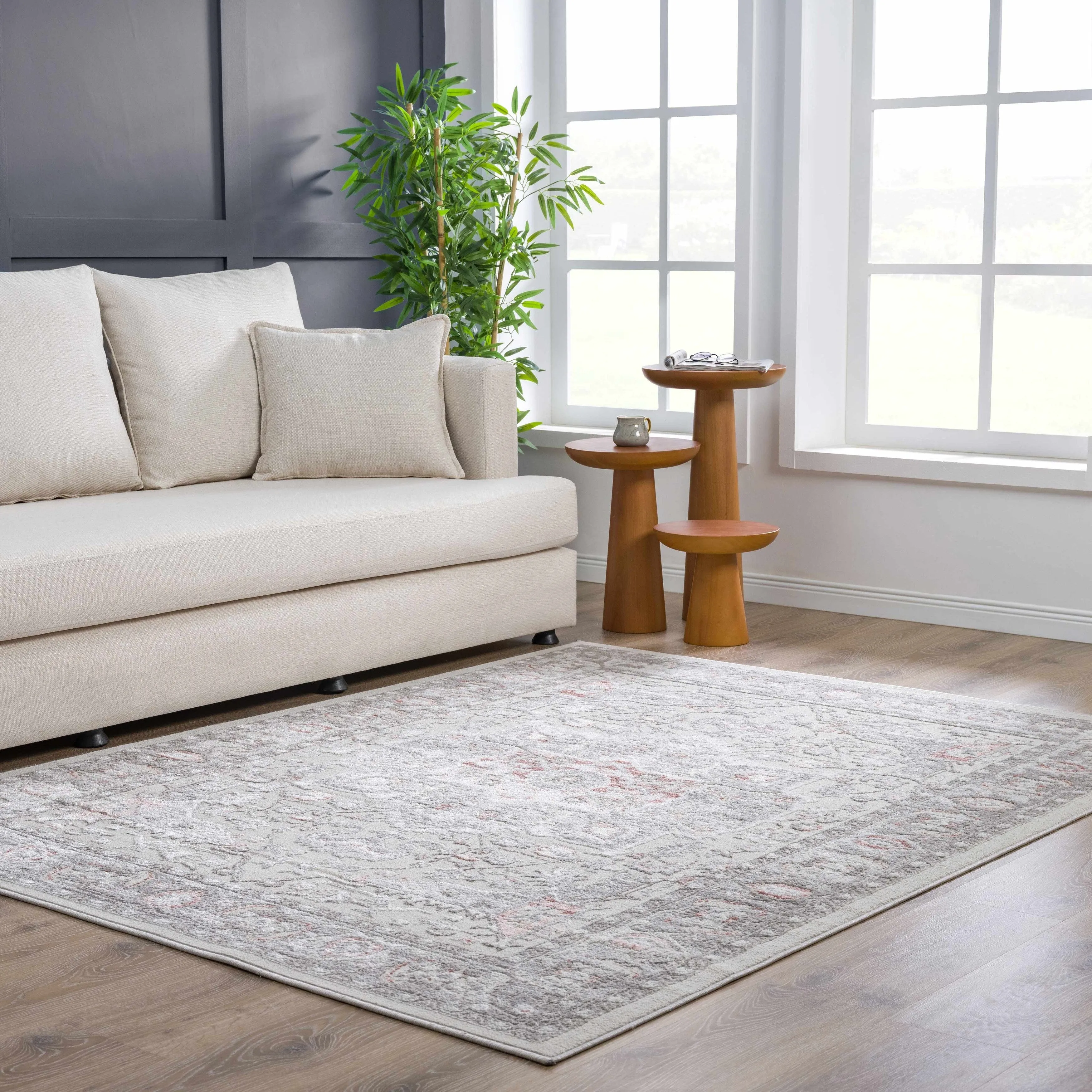 Hauteloom Calum Living Room. Bedroom Area Rug - Farmhouse - High Pile - Pink.Gray - 7'9 x 9'6