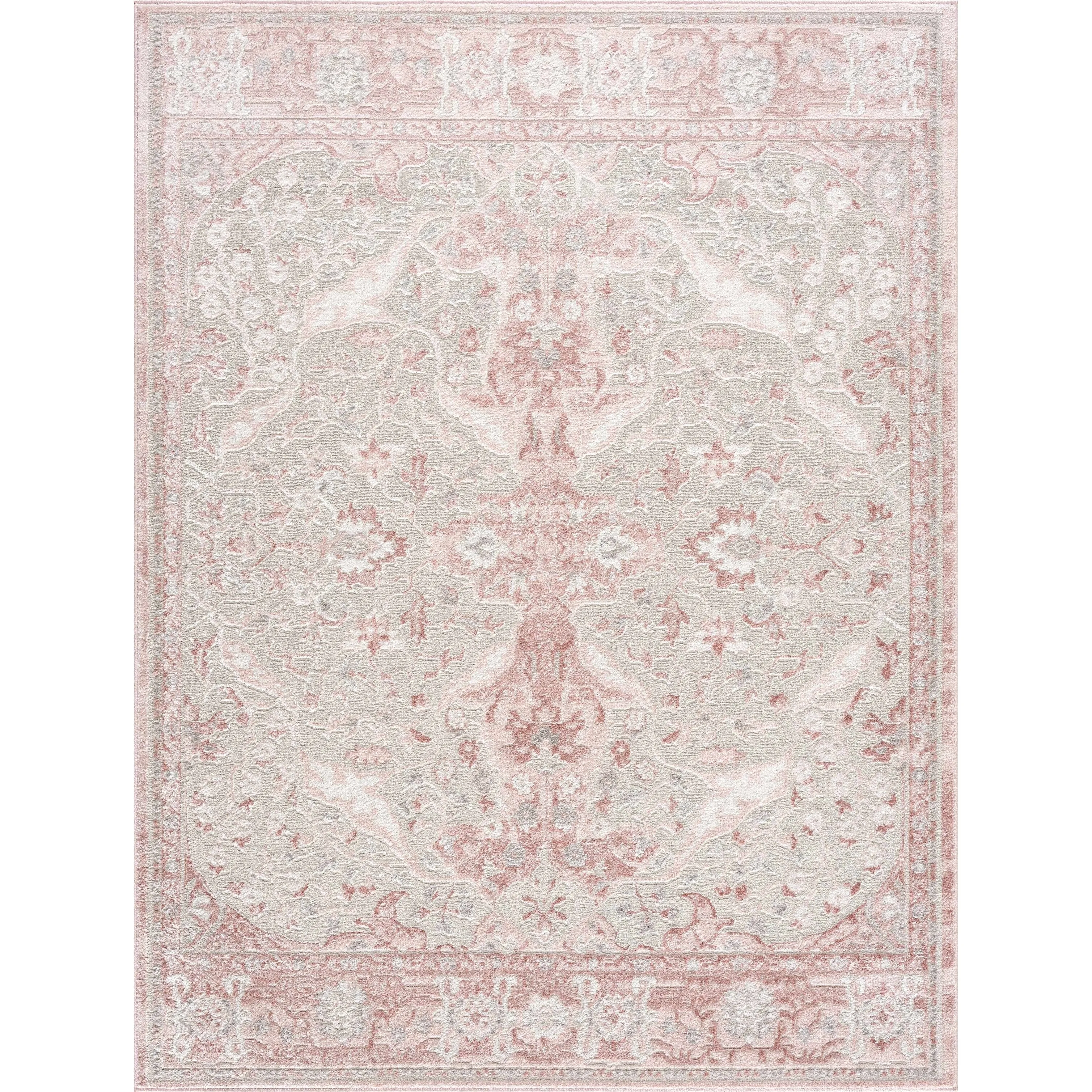 Hauteloom Calum Living Room. Bedroom Area Rug - Farmhouse - High Pile - Pink.Gray - 7'9 x 9'6