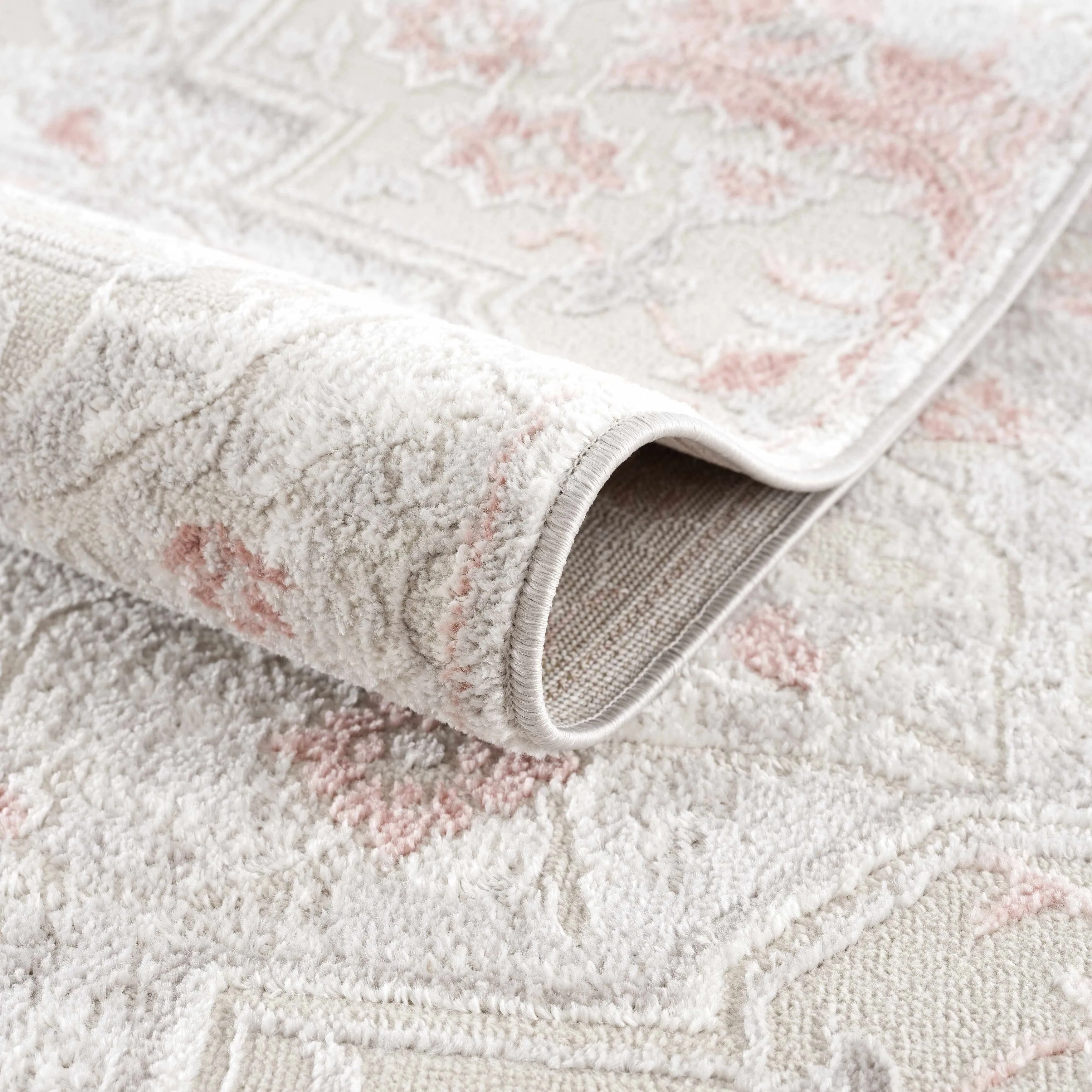Hauteloom Calum Living Room. Bedroom Area Rug - Farmhouse - High Pile - Pink.Gray - 7'9 x 9'6
