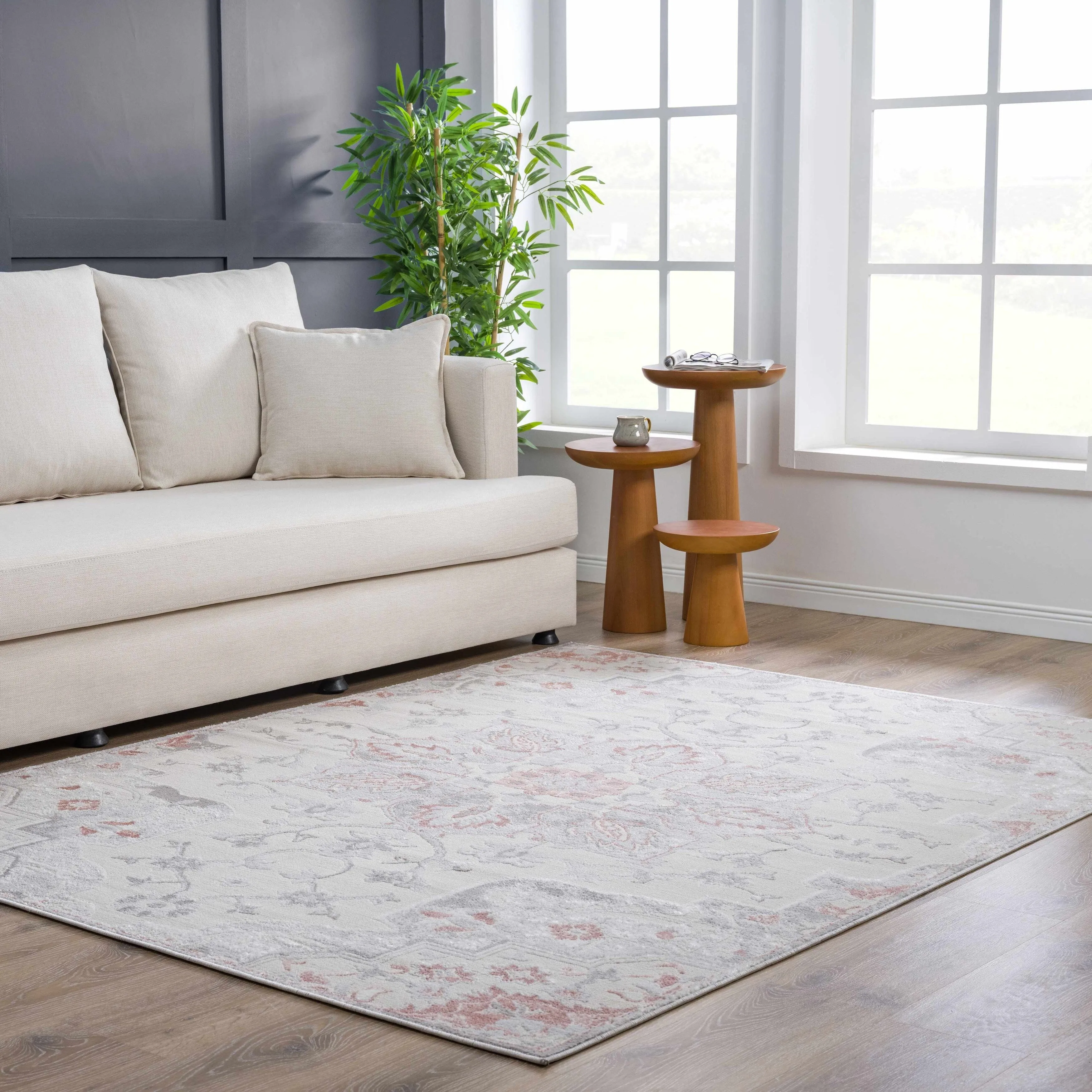 Hauteloom Calum Living Room. Bedroom Area Rug - Farmhouse - High Pile - Pink.Gray - 7'9 x 9'6
