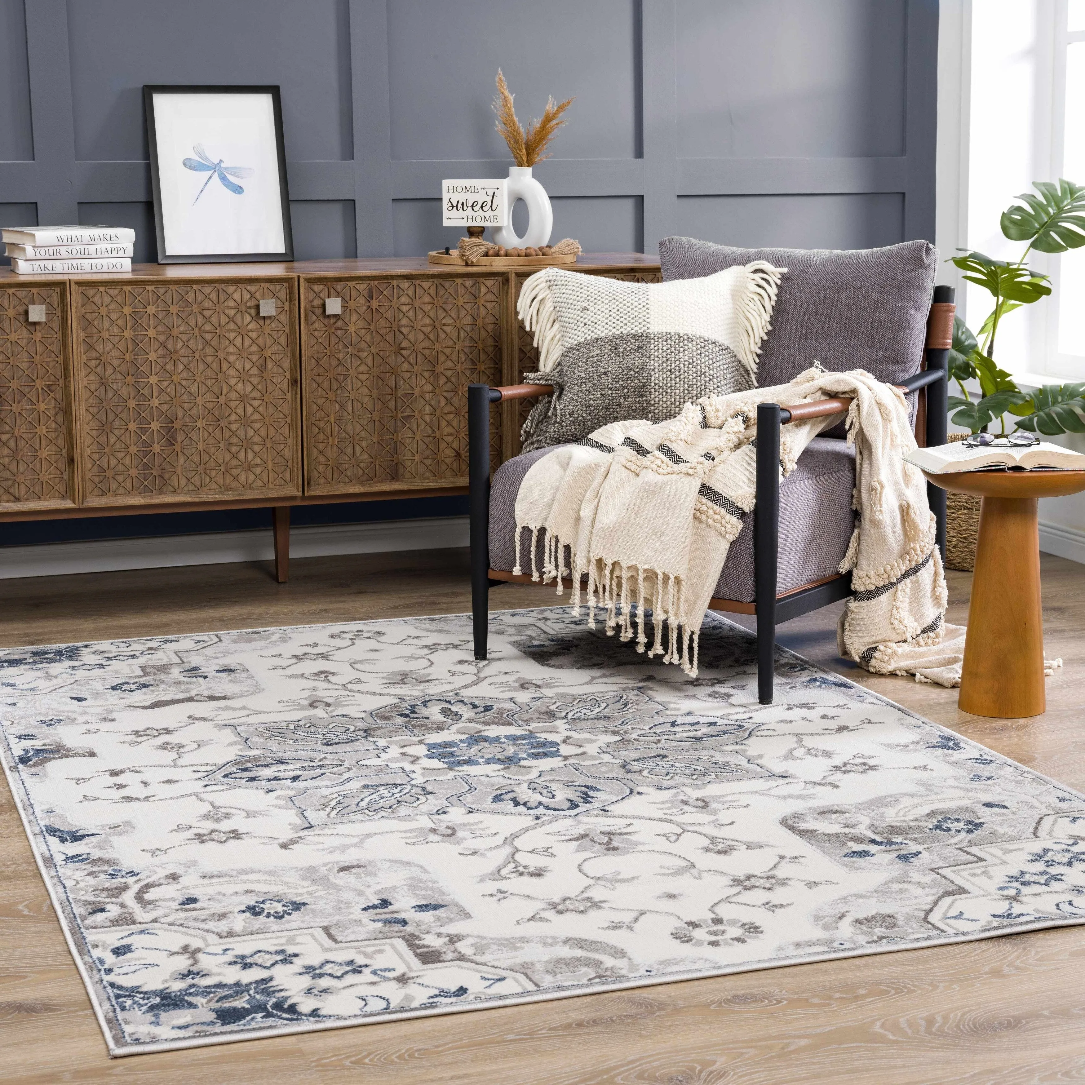 Hauteloom Calum Living Room. Bedroom Area Rug - Farmhouse - High Pile - Pink.Gray - 7'9 x 9'6