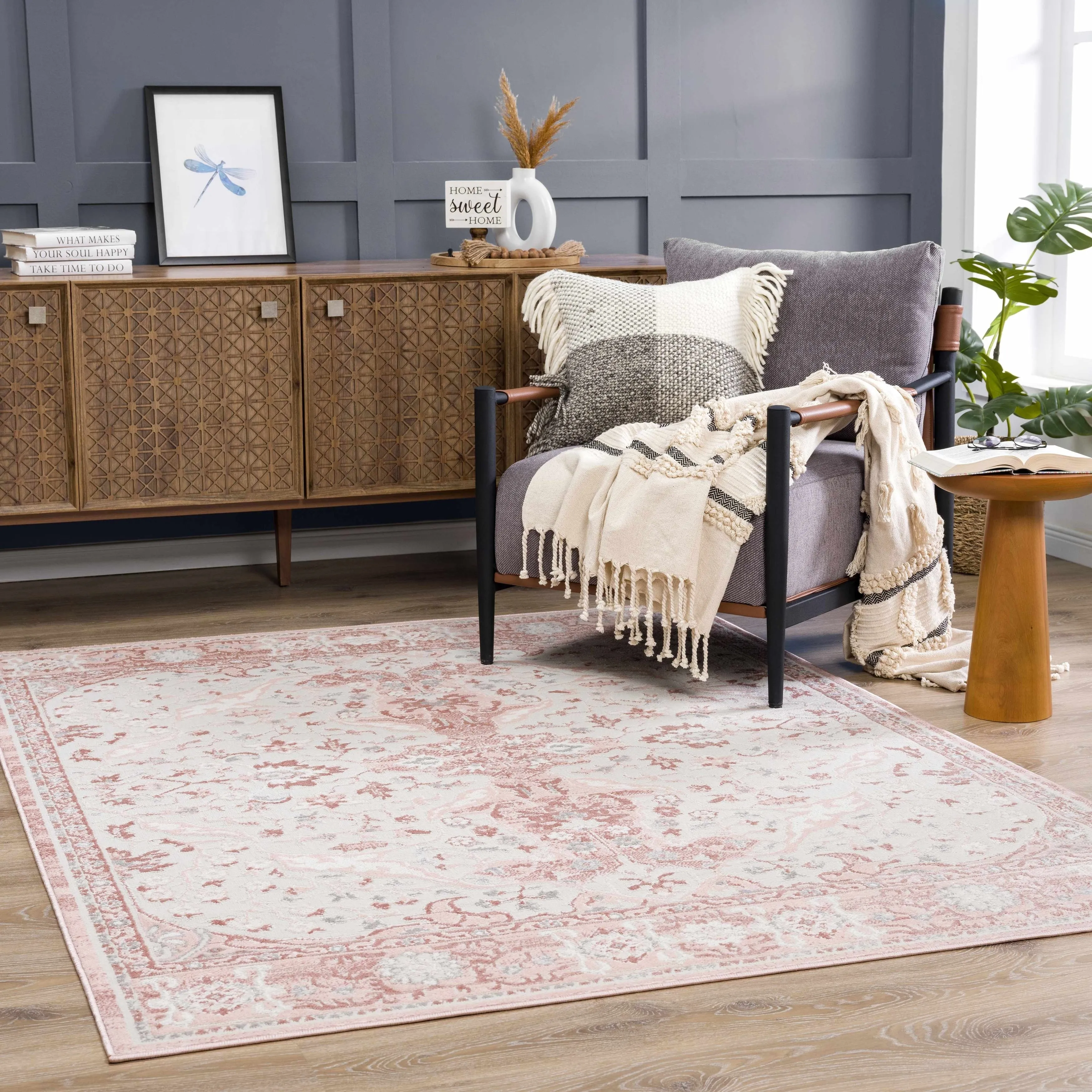 Hauteloom Calum Living Room. Bedroom Area Rug - Farmhouse - High Pile - Pink.Gray - 7'9 x 9'6