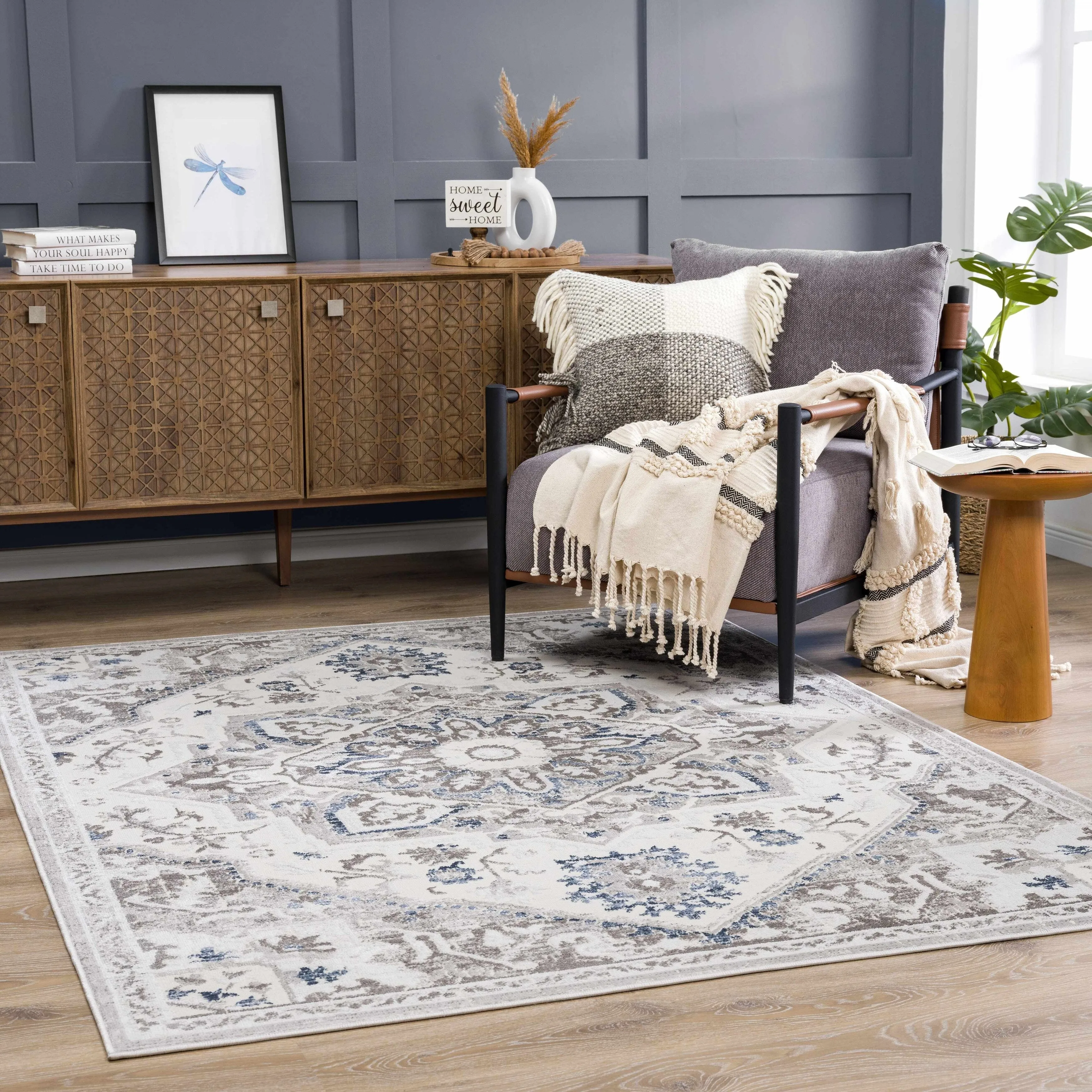 Hauteloom Calum Living Room. Bedroom Area Rug - Farmhouse - High Pile - Pink.Gray - 7'9 x 9'6