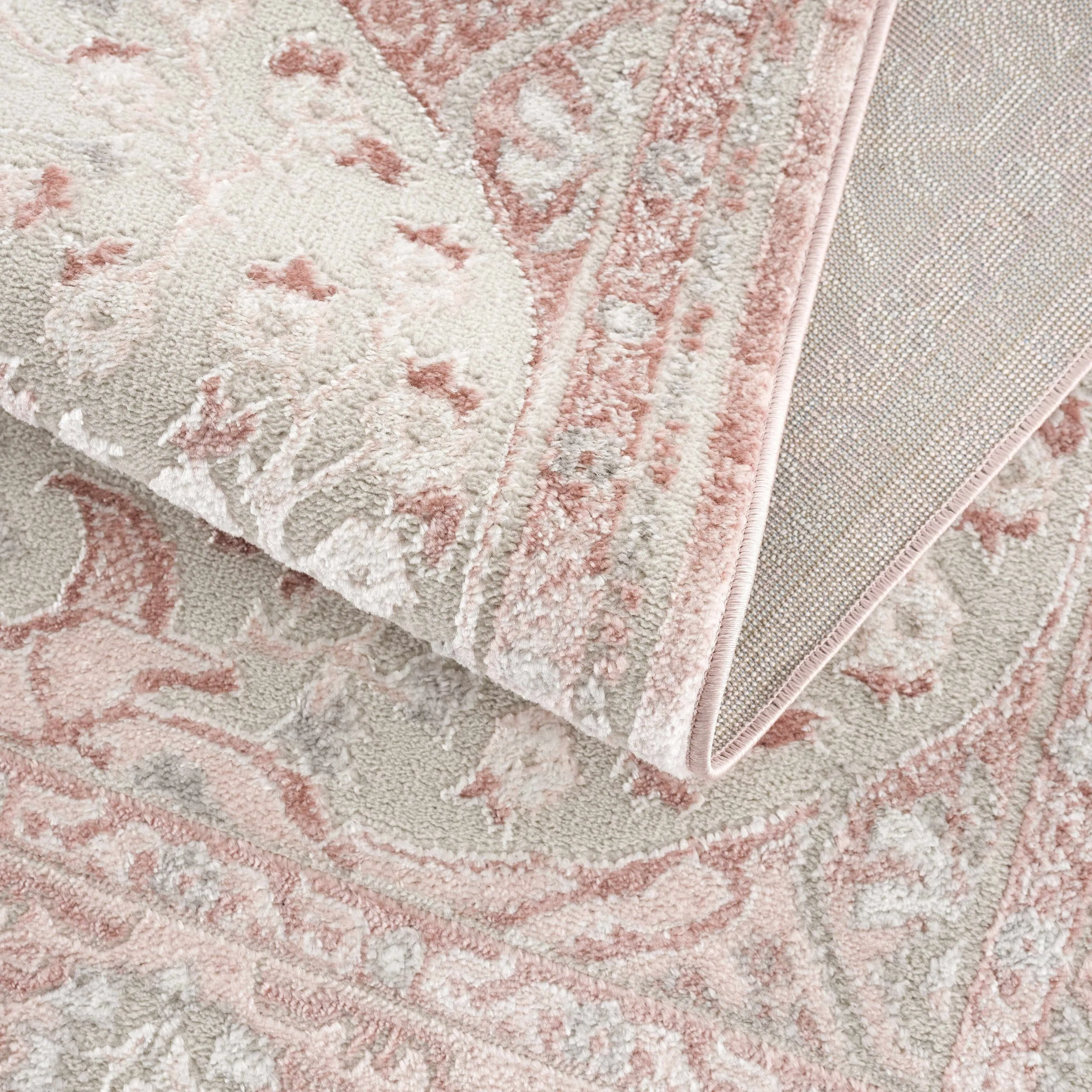 Hauteloom Calum Living Room. Bedroom Area Rug - Farmhouse - High Pile - Pink.Gray - 7'9 x 9'6