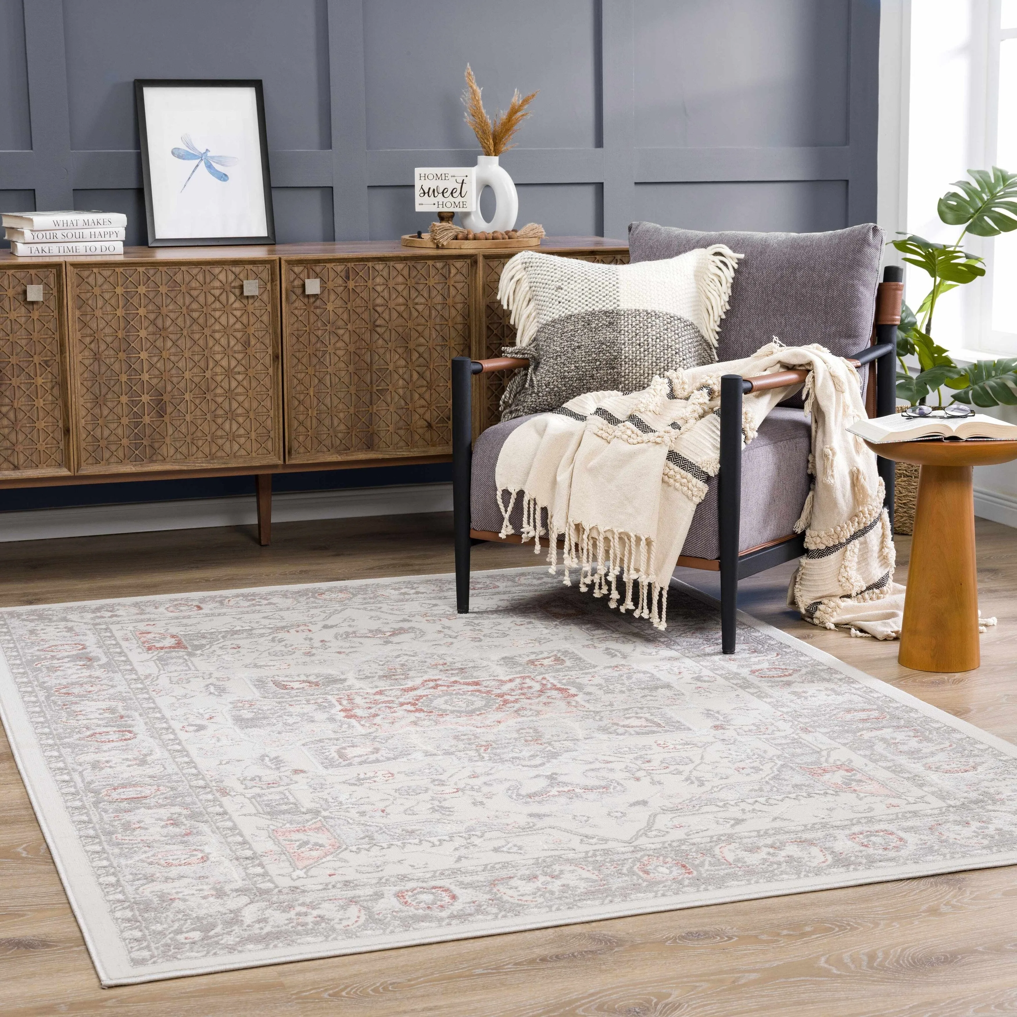 Hauteloom Calum Living Room. Bedroom Area Rug - Farmhouse - High Pile - Pink.Gray - 7'9 x 9'6