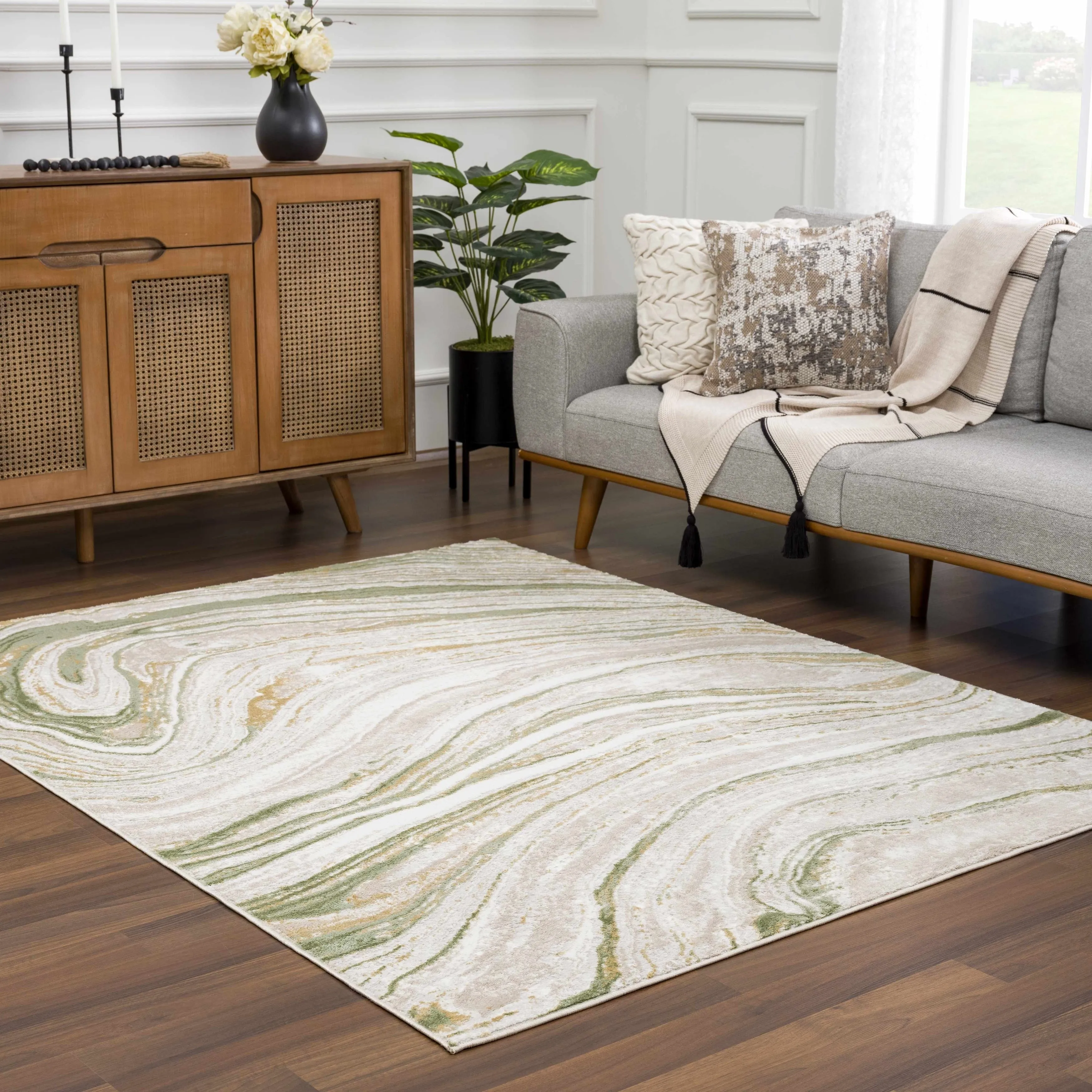 Hauteloom Liverpool Living Room. Bedroom Area Rug - Contemporary - Cream.Green - 7'10 x 10'