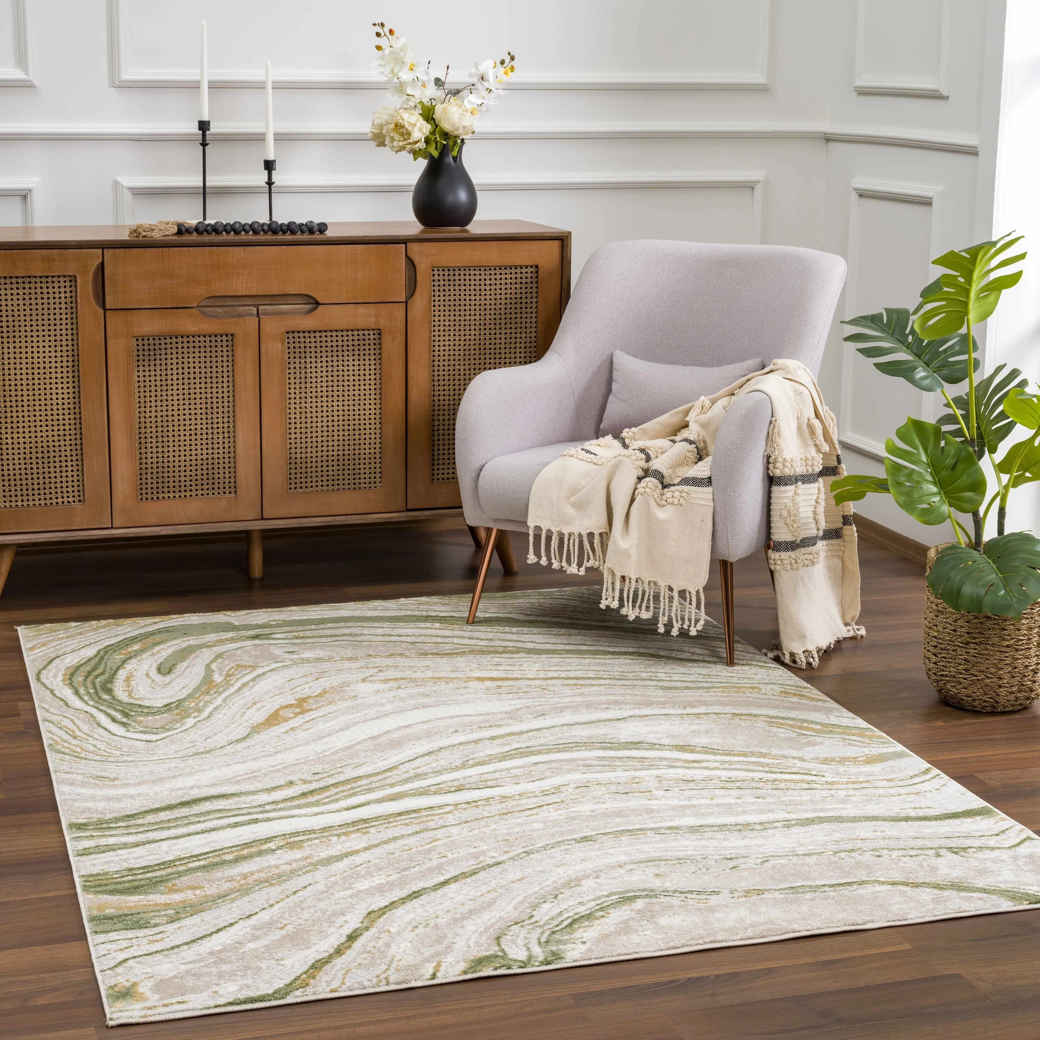 Hauteloom Liverpool Living Room. Bedroom Area Rug - Contemporary - Cream.Green - 7'10 x 10'
