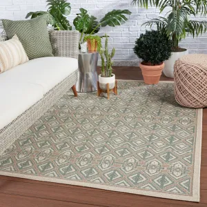 Hazina Indoor/ Outdoor Geometric Sea Green/ Beige Area Rug