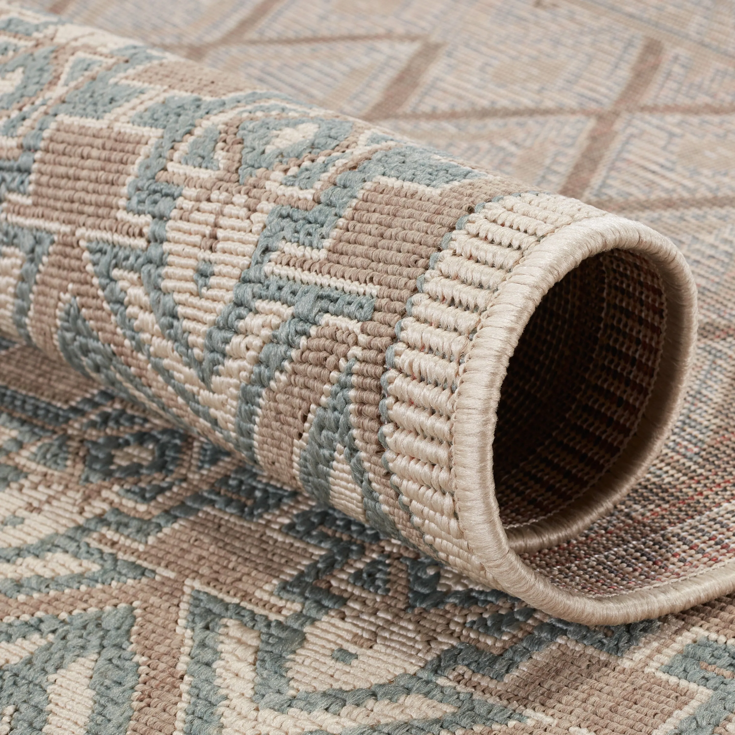 Hazina Indoor/ Outdoor Geometric Sea Green/ Beige Area Rug