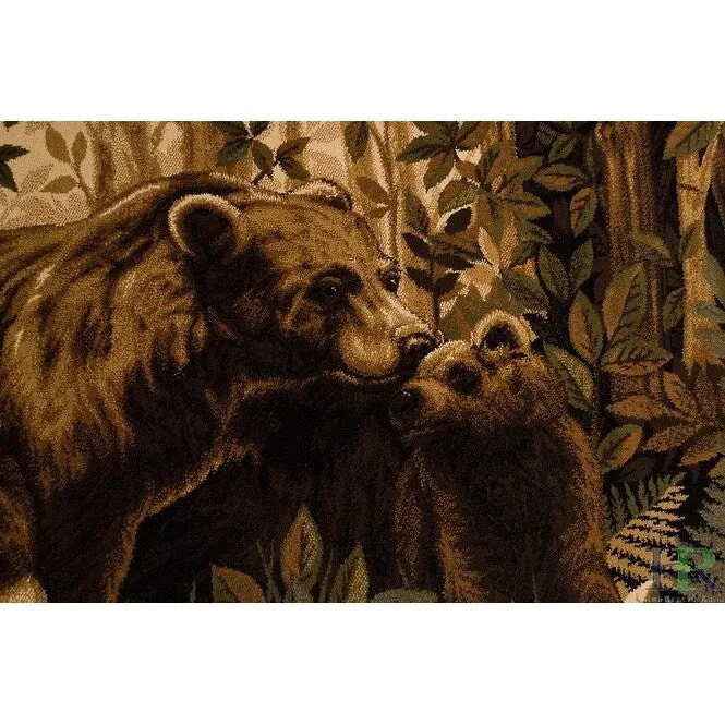 HR Lodge. Cabin Jungle and Wilderness Rug Cabin Area Rug Abstract. Green. Multicolor Pattern Mother Bear and Cubs Nature