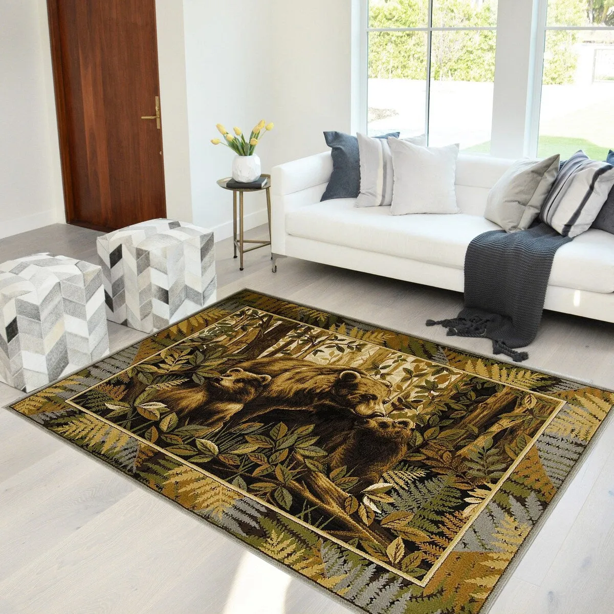 HR Lodge. Cabin Jungle and Wilderness Rug Cabin Area Rug Abstract. Green. Multicolor Pattern Mother Bear and Cubs Nature