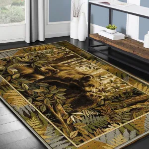 HR Lodge. Cabin Jungle and Wilderness Rug Cabin Area Rug Abstract. Green. Multicolor Pattern Mother Bear and Cubs Nature
