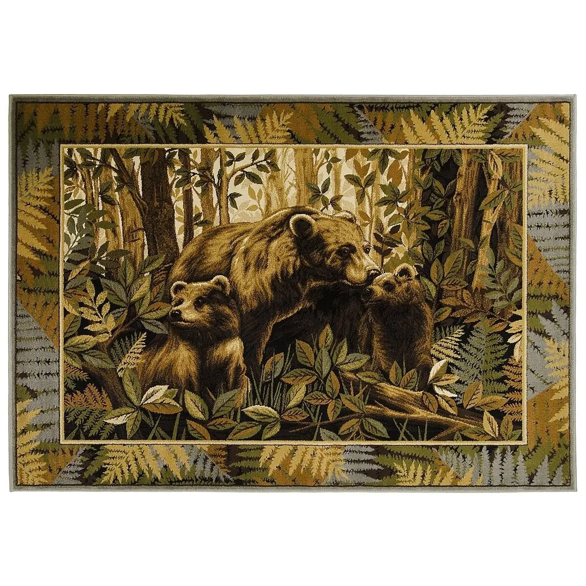 HR Lodge. Cabin Jungle and Wilderness Rug Cabin Area Rug Abstract. Green. Multicolor Pattern Mother Bear and Cubs Nature