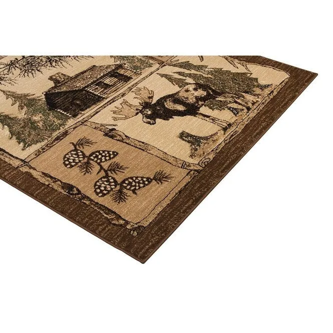 HR Wilderness Elegance: Geometric Cabin Area Rug with Abstract Moose. Kayak. Fishing Gear. and Big Fish Design