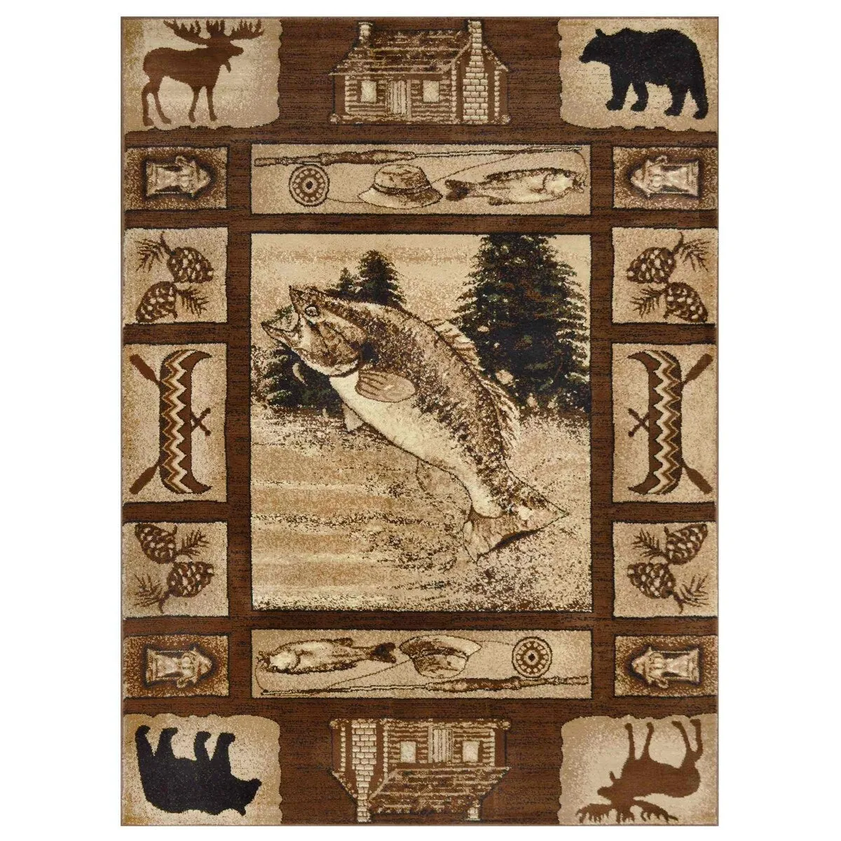 HR Wilderness Elegance: Geometric Cabin Area Rug with Abstract Moose. Kayak. Fishing Gear. and Big Fish Design