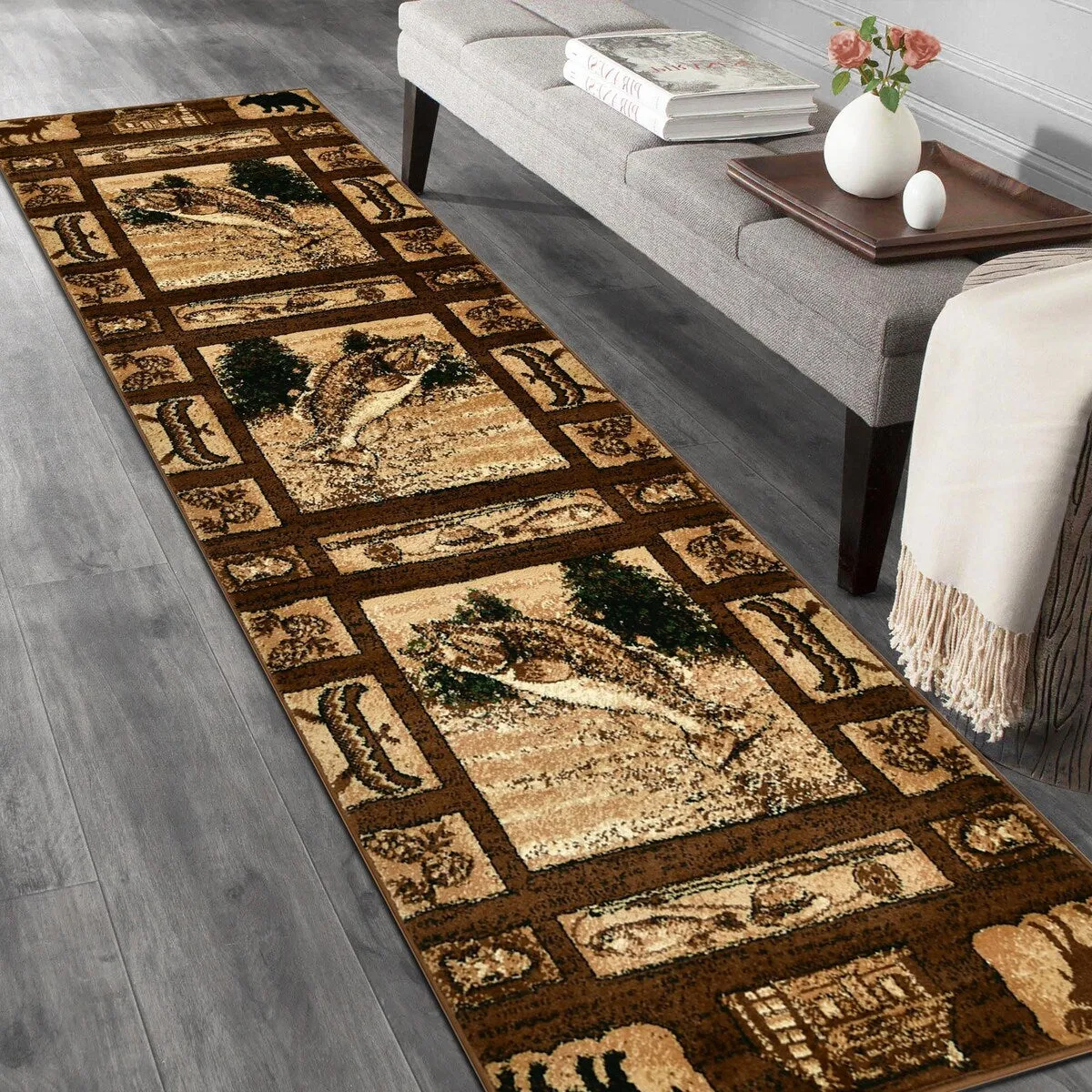 HR Wilderness Elegance: Geometric Cabin Area Rug with Abstract Moose. Kayak. Fishing Gear. and Big Fish Design