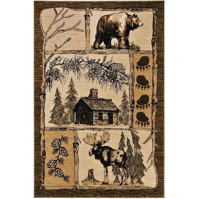 HR Wilderness Elegance: Geometric Cabin Area Rug with Abstract Moose. Kayak. Fishing Gear. and Big Fish Design