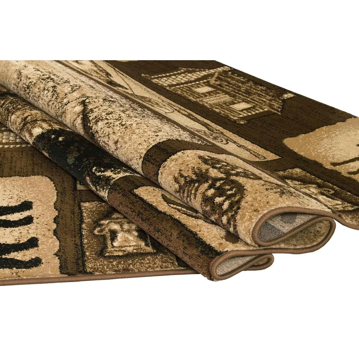 HR Wilderness Elegance: Geometric Cabin Area Rug with Abstract Moose. Kayak. Fishing Gear. and Big Fish Design