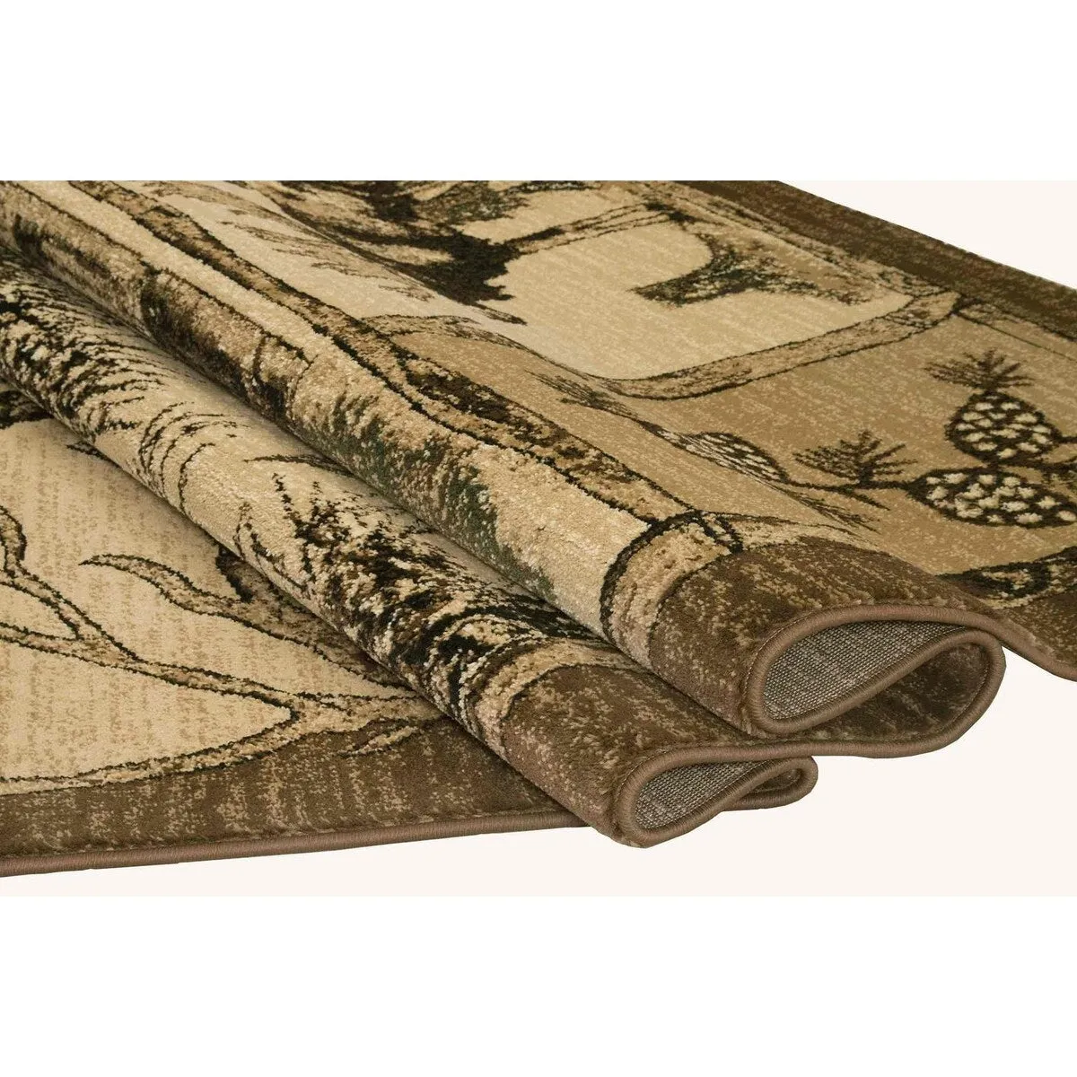 HR Wilderness Elegance: Geometric Cabin Area Rug with Abstract Moose. Kayak. Fishing Gear. and Big Fish Design